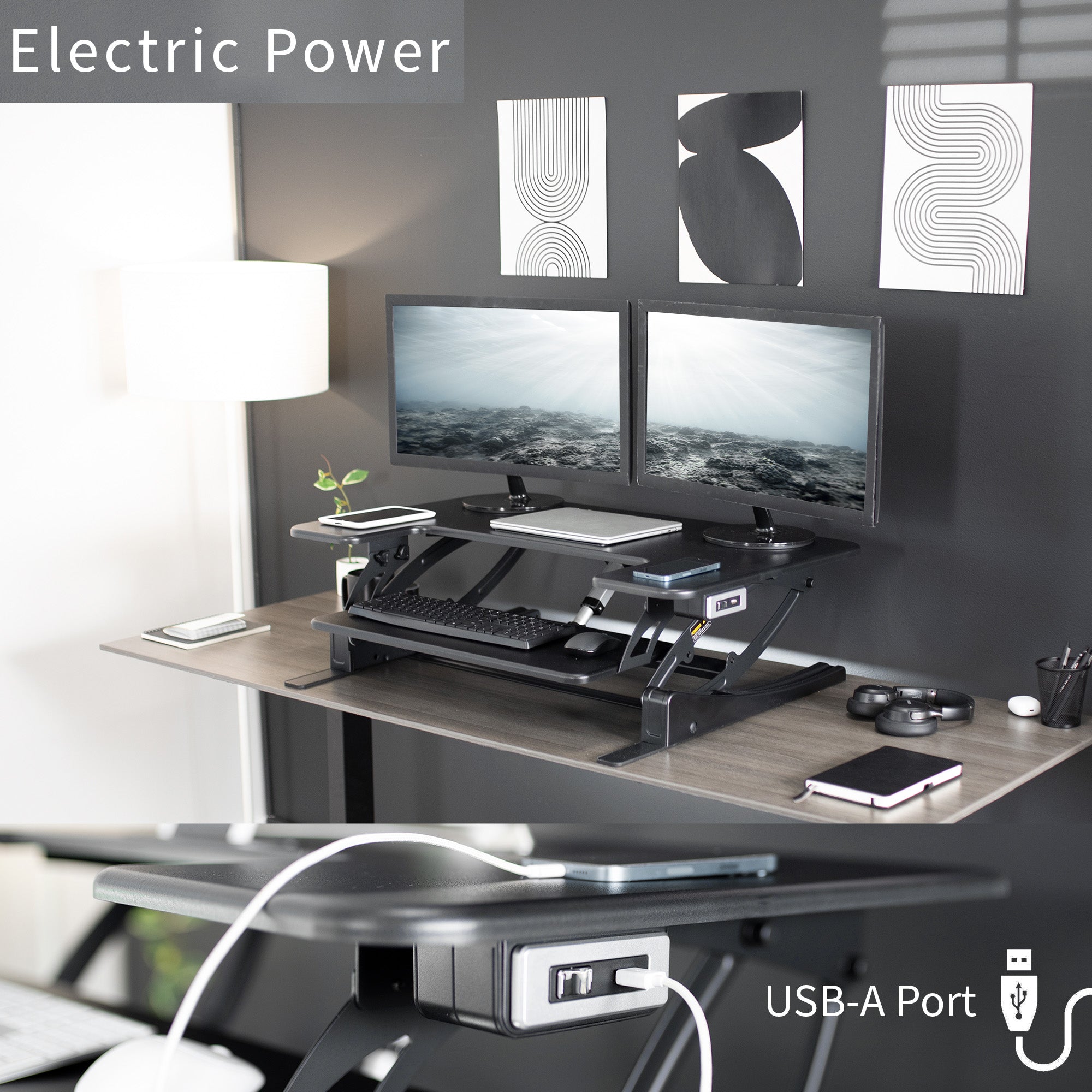 Dual-tiered, electric desk riser that sits on top of your current desk and gives you the benefit of standing up throughout the work day.