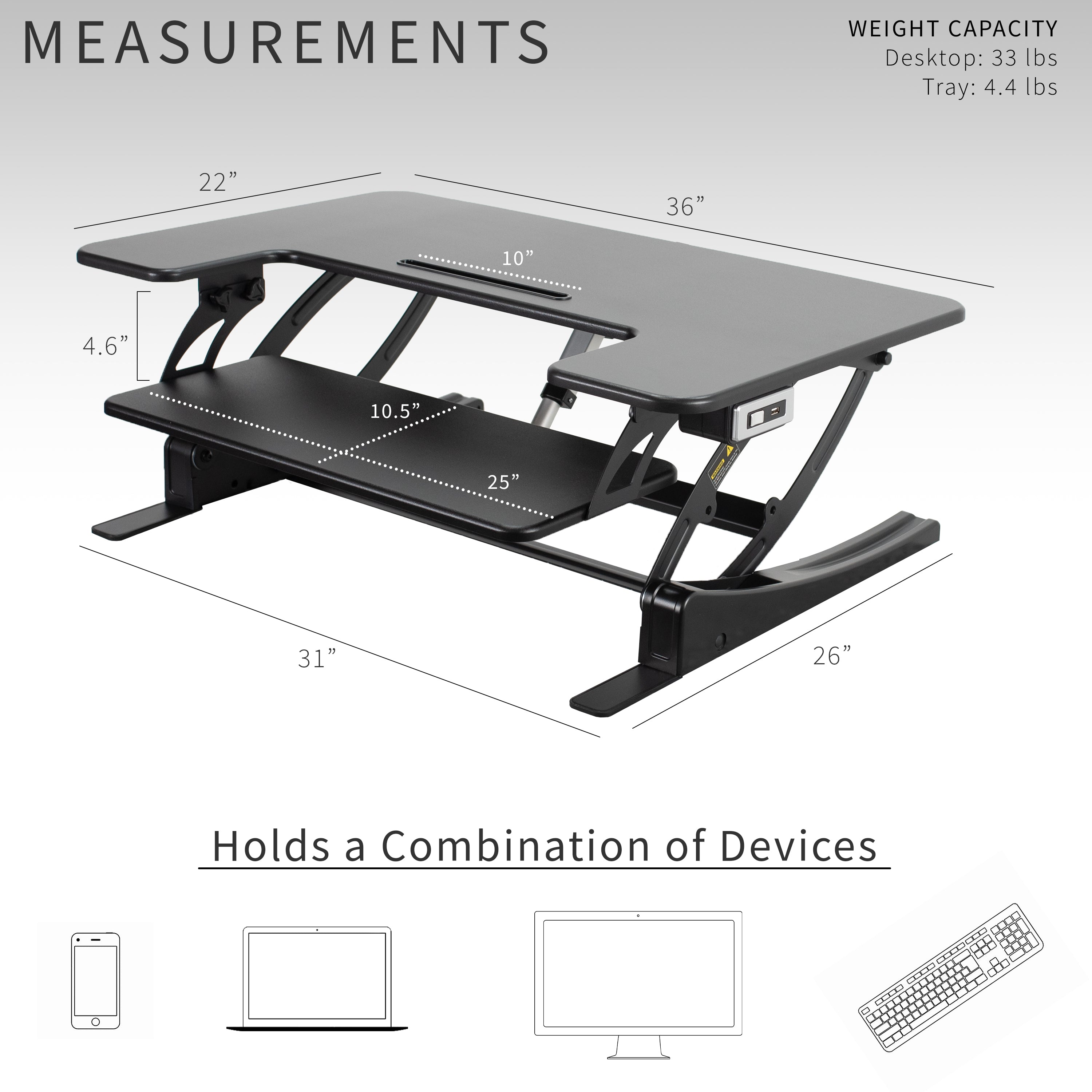 Dual-tiered, electric desk riser that sits on top of your current desk and gives you the benefit of standing up throughout the work day.