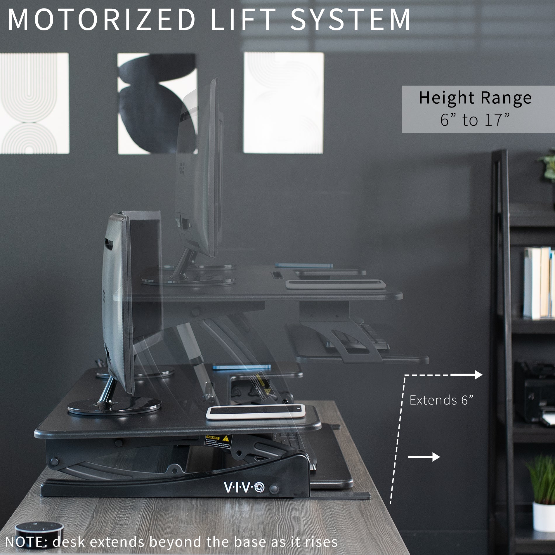 Dual-tiered, electric desk riser that sits on top of your current desk and gives you the benefit of standing up throughout the work day.