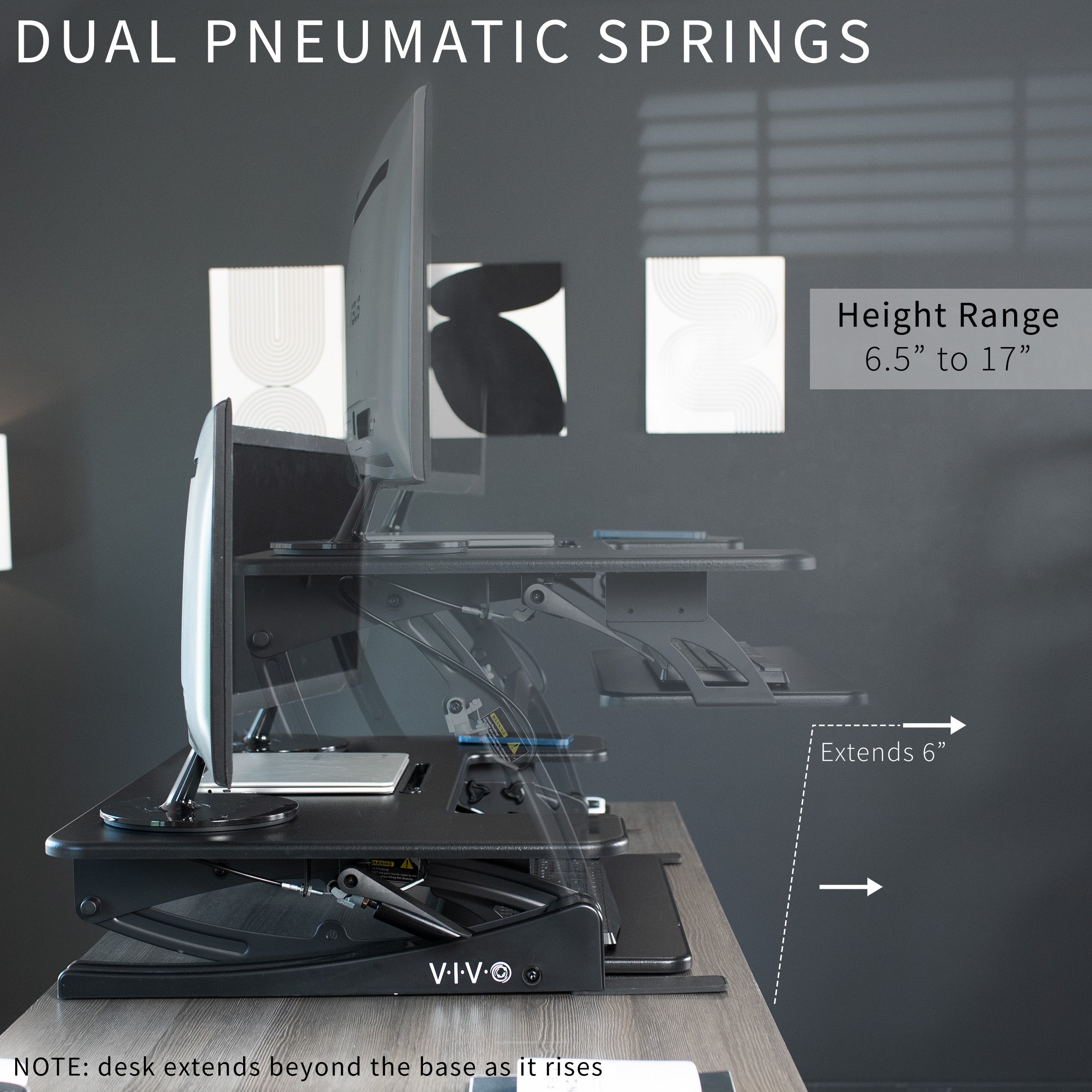 Dual-tiered, electric desk riser that sits on top of your current desk and gives you the benefit of standing up throughout the work day.