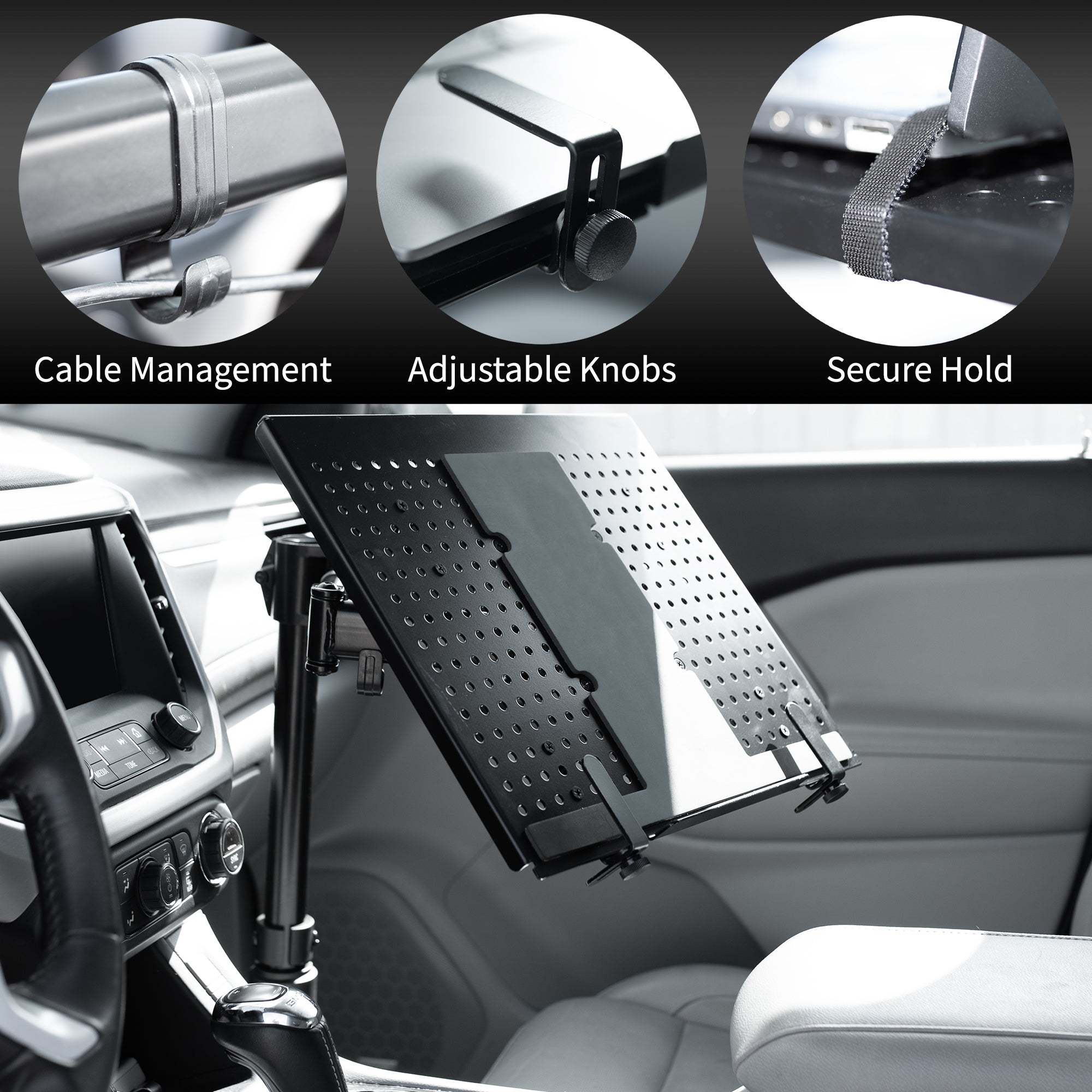 Perfect for on-the-go use, this car laptop stand anchors to the seat bolts on the passenger side chair, providing a secure and sturdy workstation.
