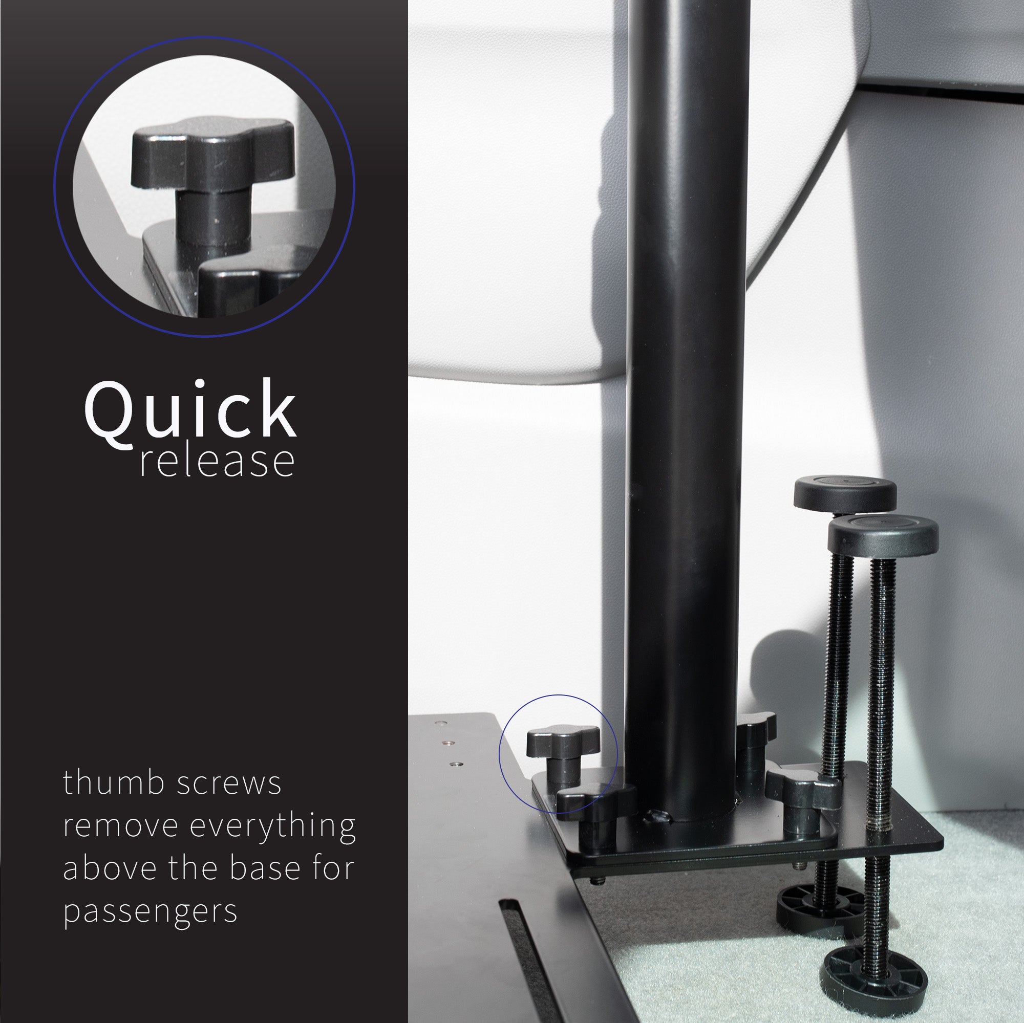 Perfect for on-the-go use, this car laptop stand anchors to the seat bolts on the passenger side chair, providing a secure and sturdy workstation.