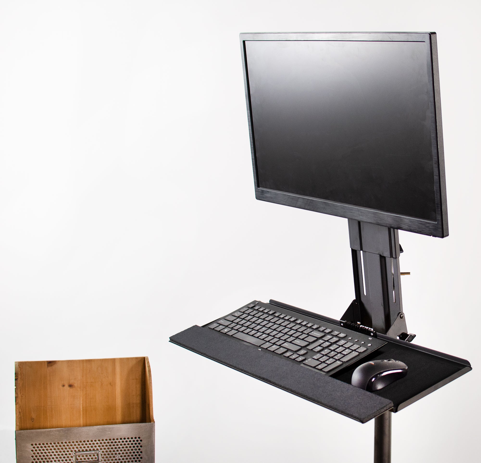 Extra tall yet sturdy monitor mount with an attached keyboard tray from VIVO.