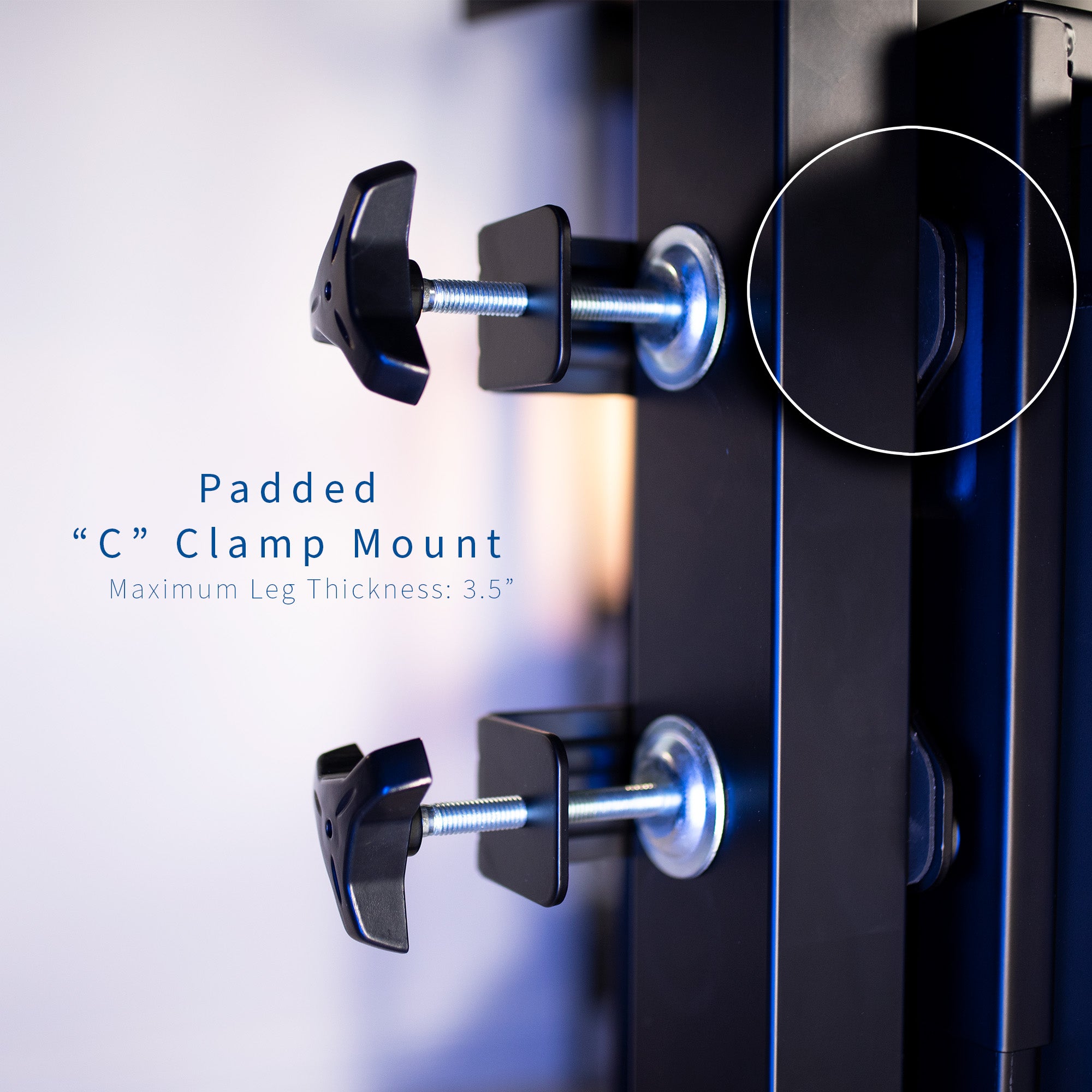 Clamp-on PC mount secures to desk legs for convenient placement.