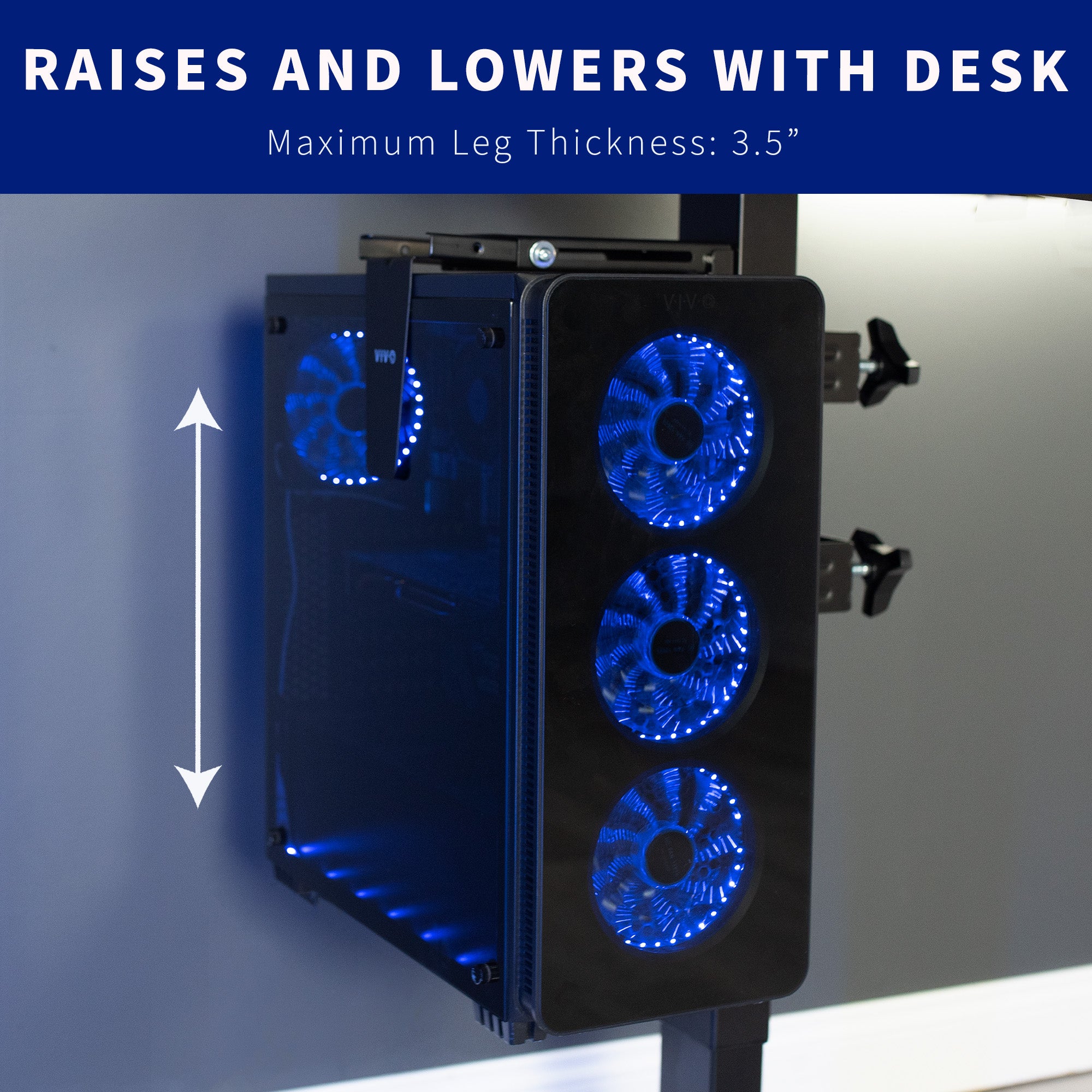 Clamp-on PC mount secures to desk legs for convenient placement.