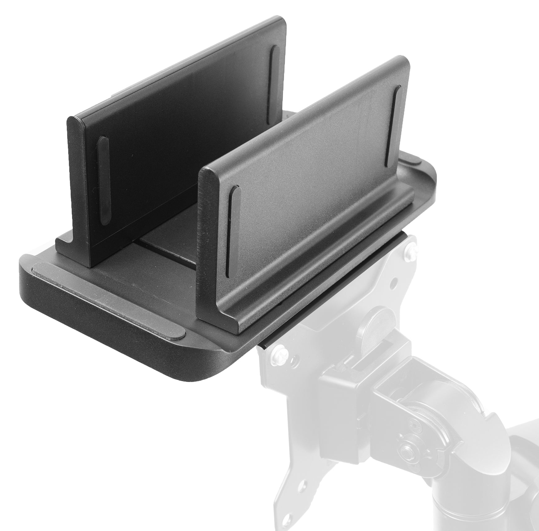 Multifunctional adjustable thin client mini PC mount can be installed on the back of a freestanding monitor, in between a monitor and VESA mount arm, or used as a freestanding holder on your desk.