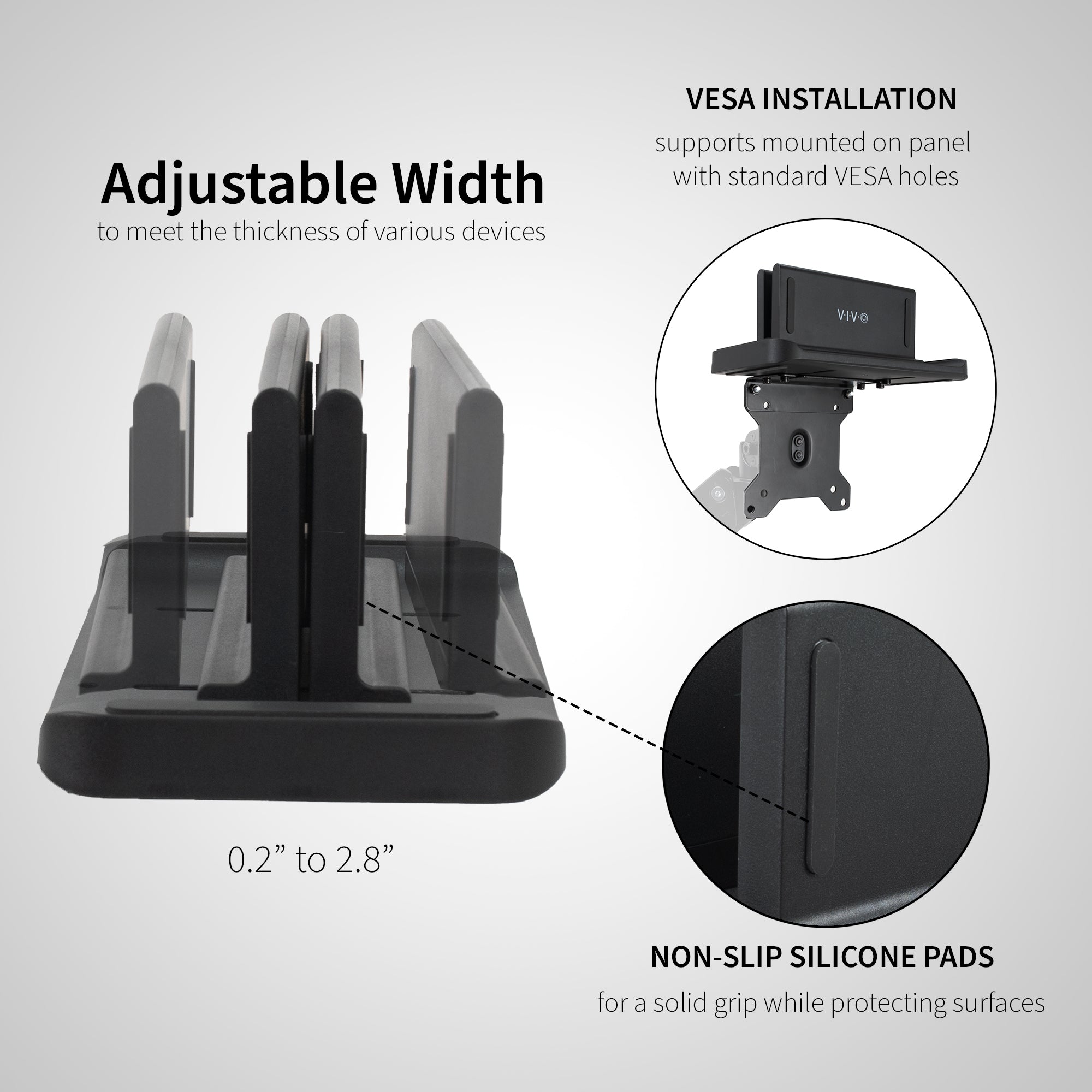 Multifunctional adjustable thin client mini PC mount can be installed on the back of a freestanding monitor, in between a monitor and VESA mount arm, or used as a freestanding holder on your desk.