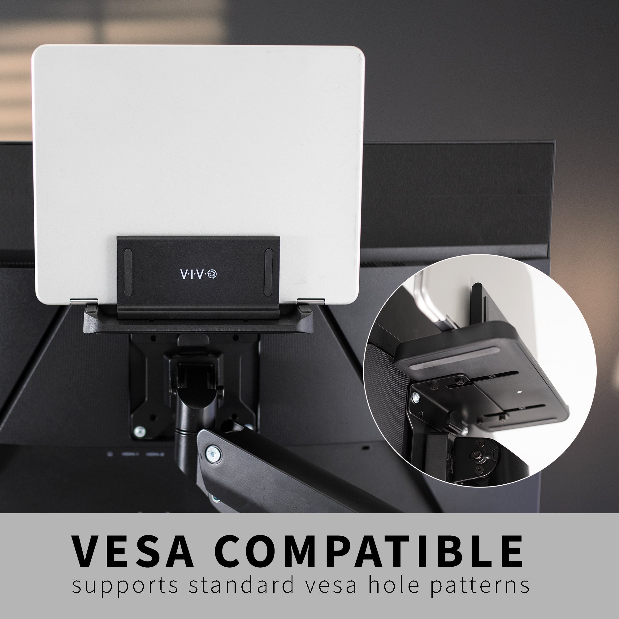 Multifunctional adjustable thin client mini PC mount can be installed on the back of a freestanding monitor, in between a monitor and VESA mount arm, or used as a freestanding holder on your desk.
