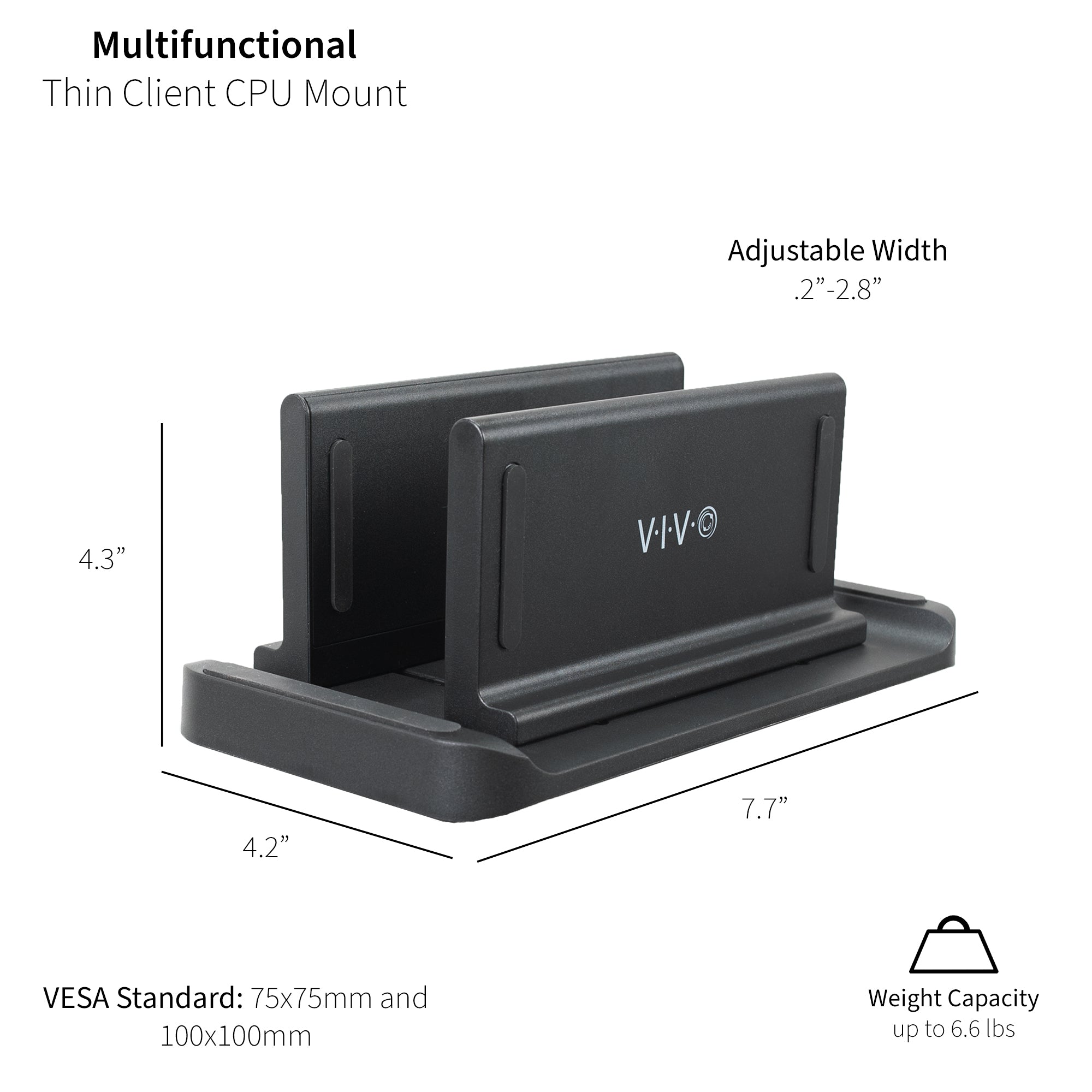 Multifunctional adjustable thin client mini PC mount can be installed on the back of a freestanding monitor, in between a monitor and VESA mount arm, or used as a freestanding holder on your desk.