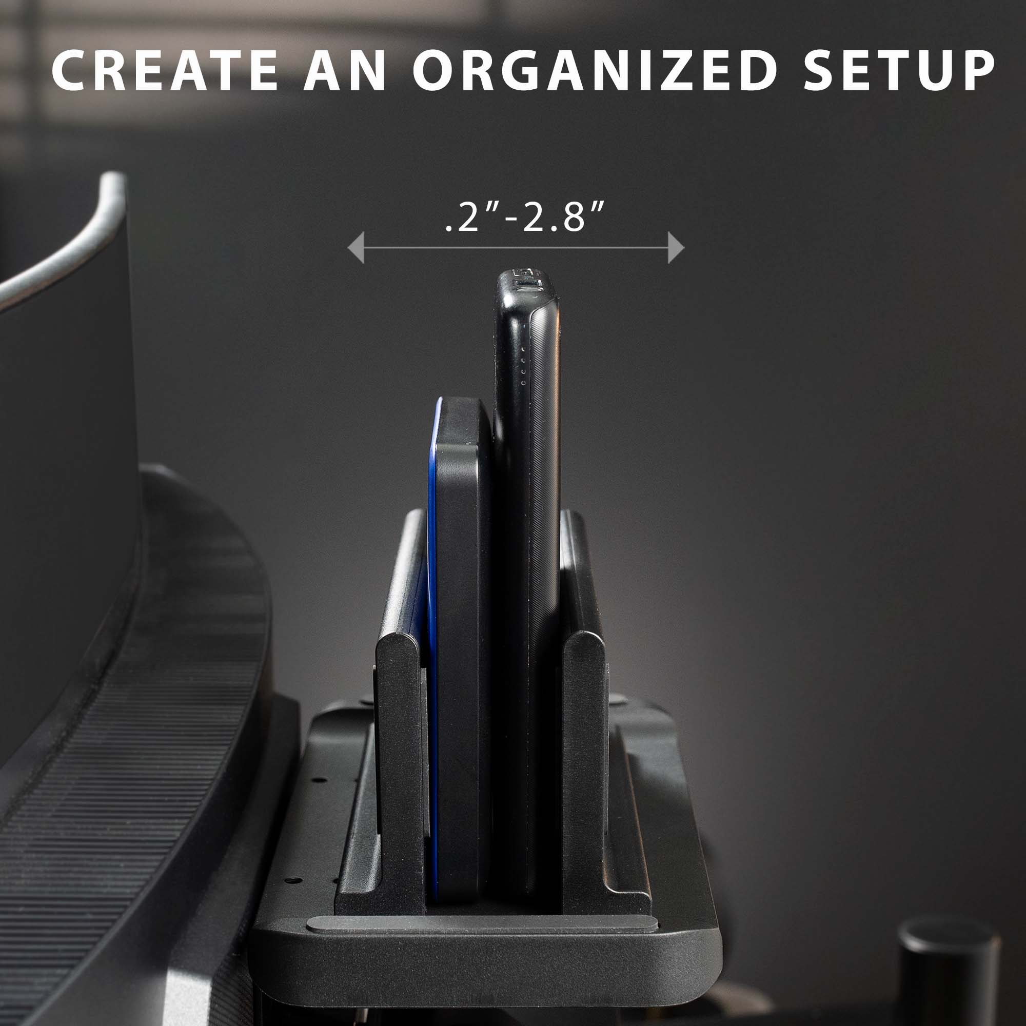 Multifunctional adjustable thin client mini PC mount can be installed on the back of a freestanding monitor, in between a monitor and VESA mount arm, or used as a freestanding holder on your desk.