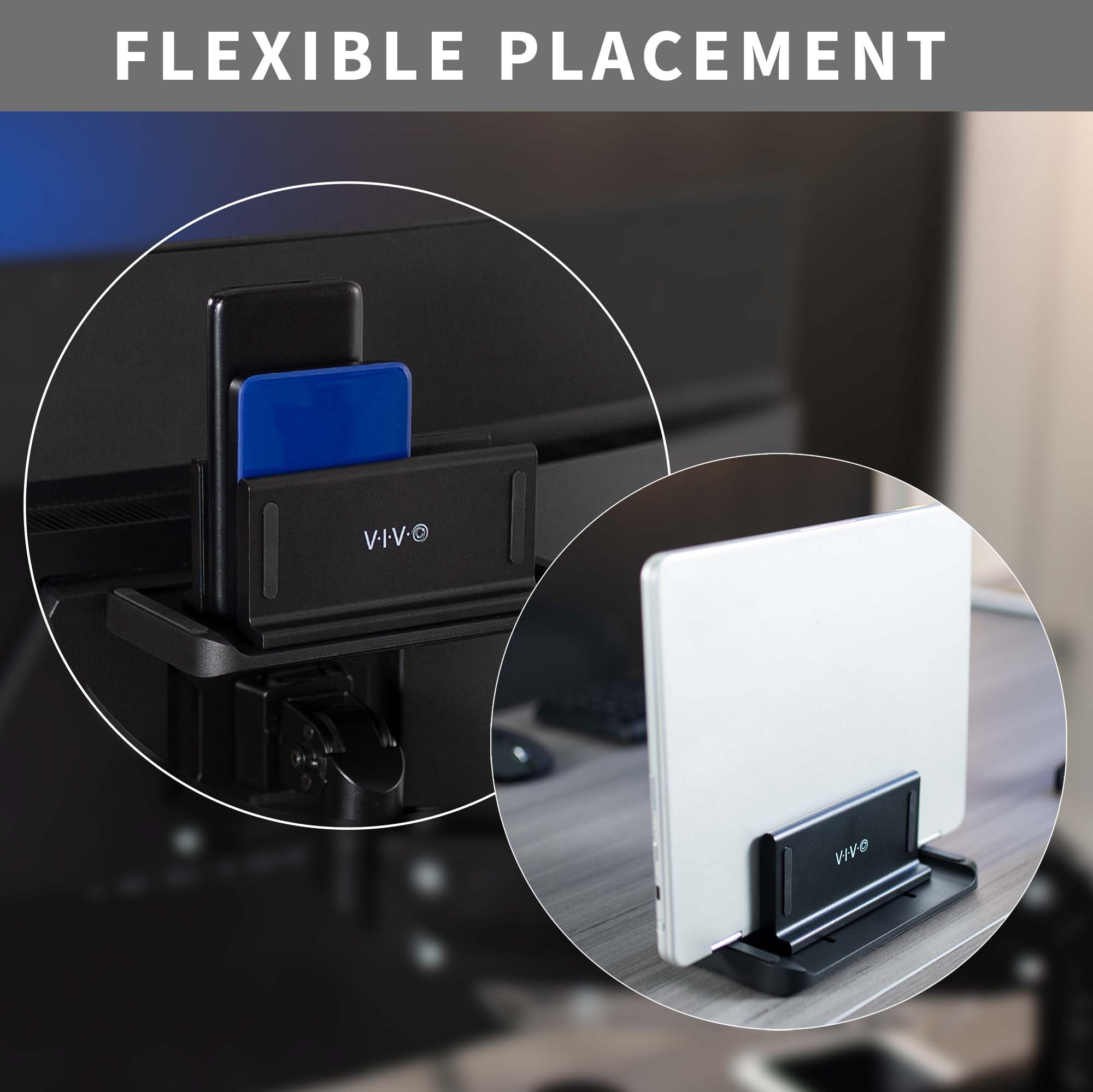 Multifunctional adjustable thin client mini PC mount can be installed on the back of a freestanding monitor, in between a monitor and VESA mount arm, or used as a freestanding holder on your desk.