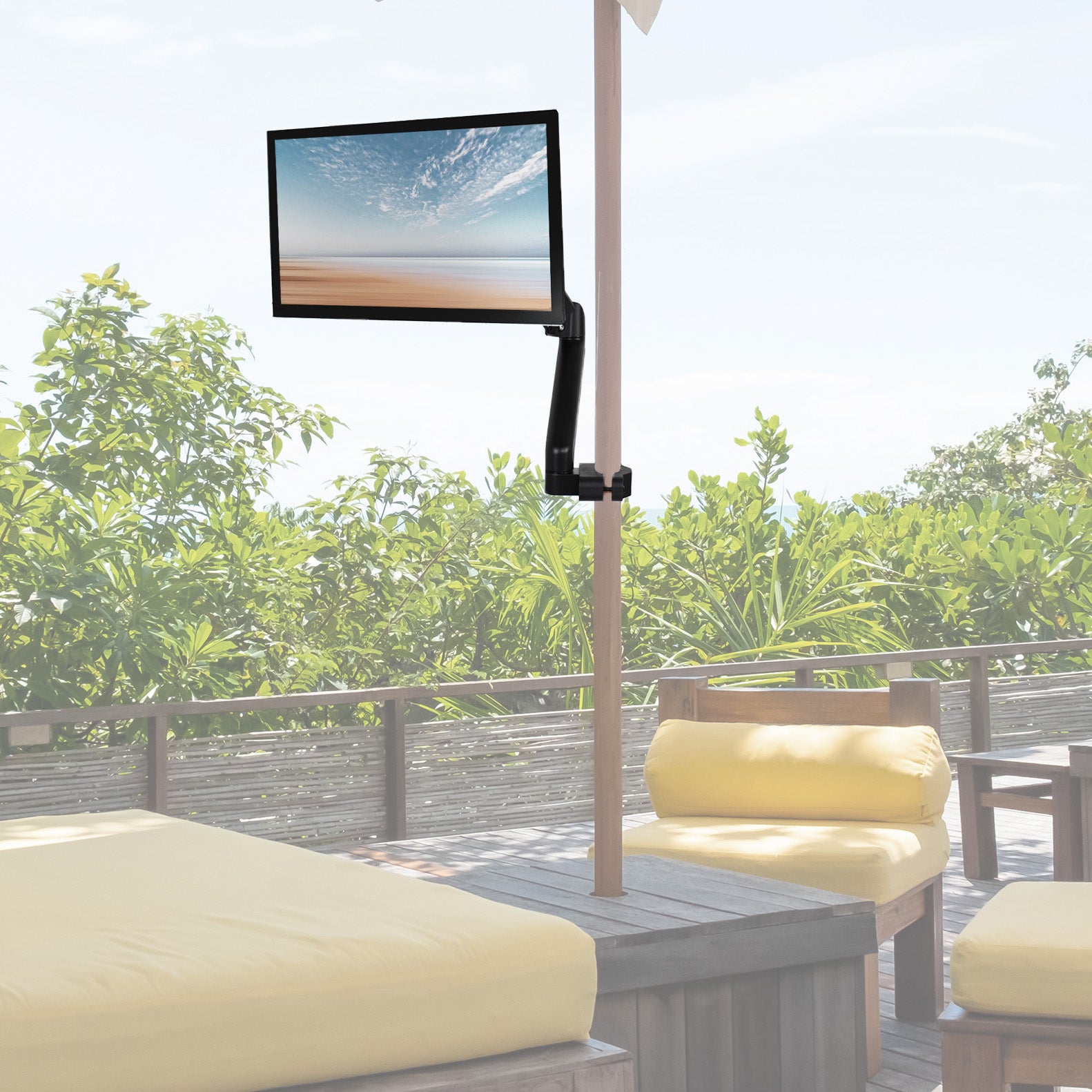 Pneumatic pole mount arm outside on umbrella post.