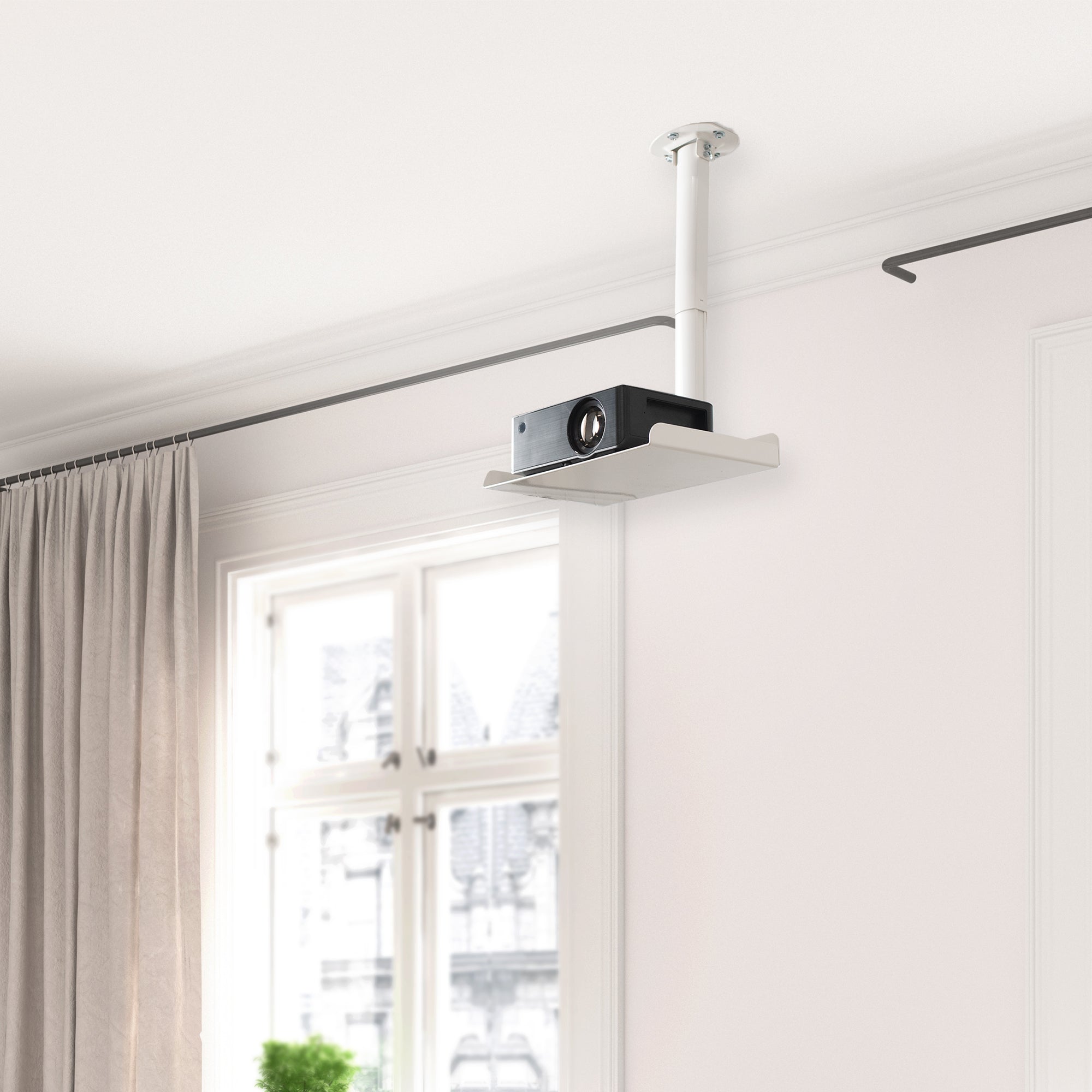 Universal ceiling projector tray mount designed for projectors that don't have mounting holes.
