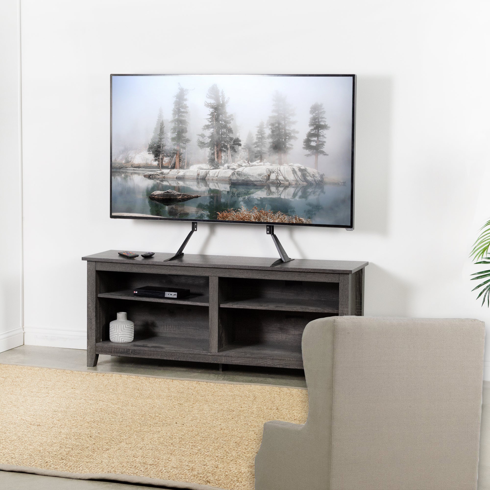 Tabletop TV stands in a modern living space.