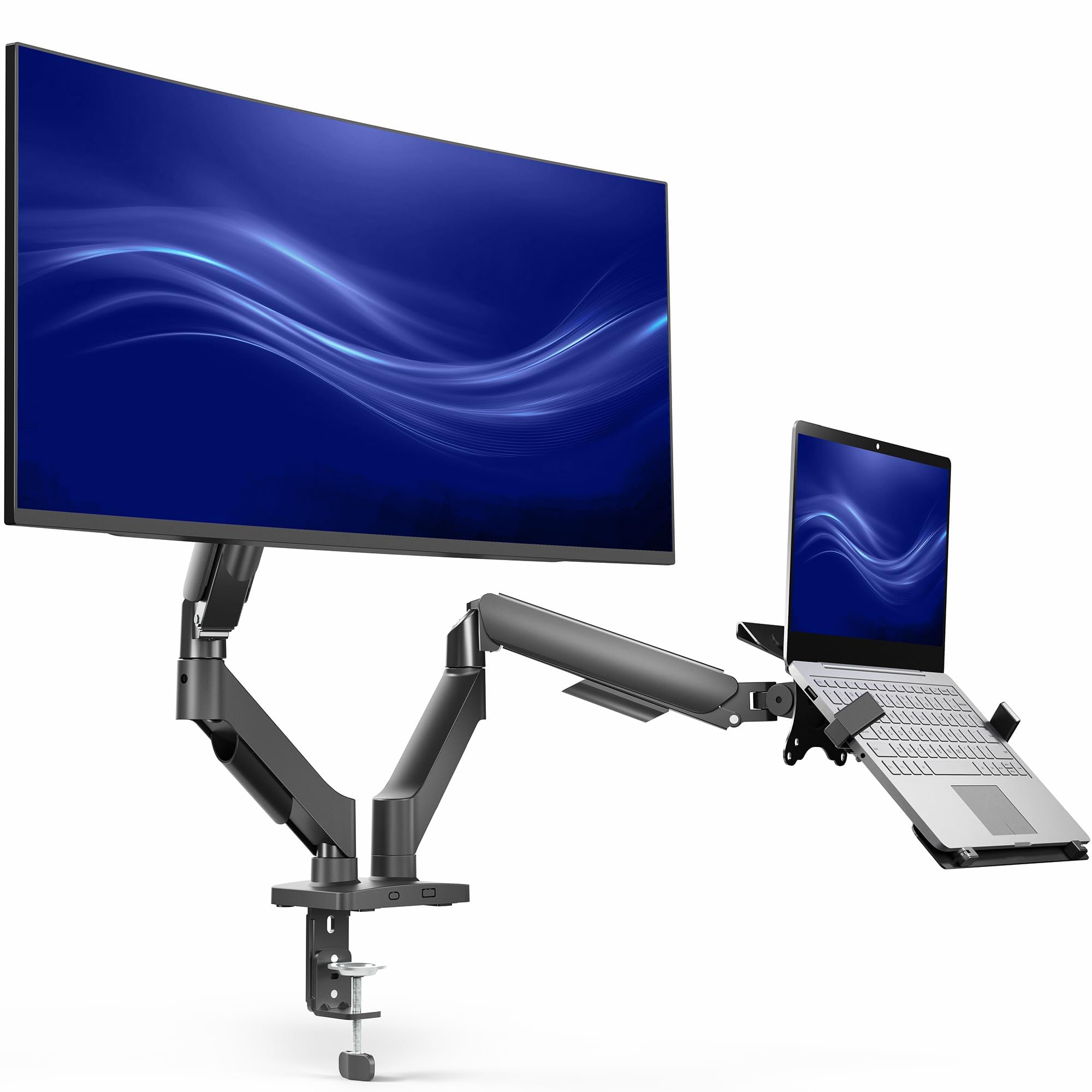 Mechanical Arm Single Monitor and Laptop Desk Mount - Up to 32" Screens, 15.6" Laptops