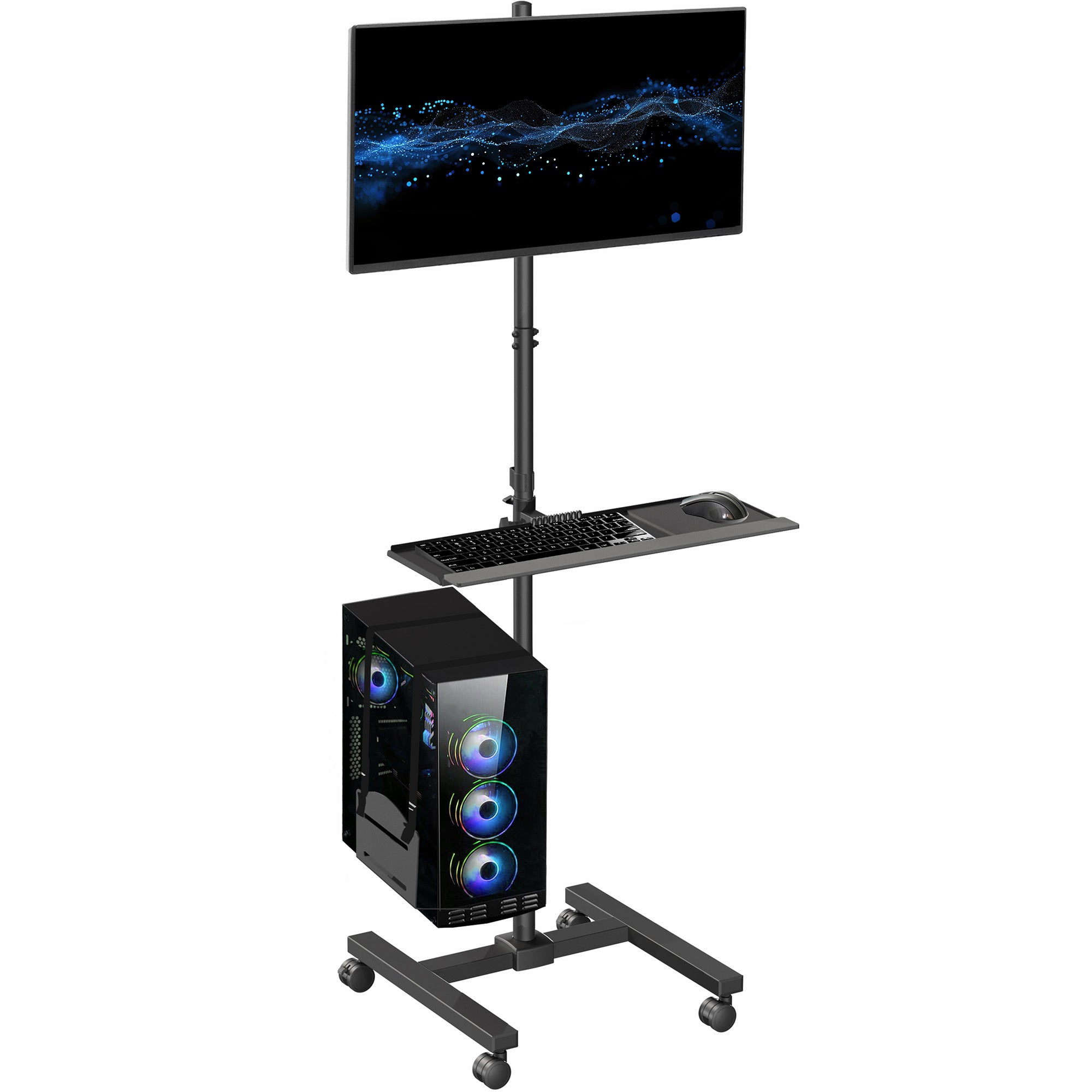 Mobile workstation cart with monitor mount, keyboard tray, PC holder, and locking wheels. Featuring 360 rotation and height adjustment.