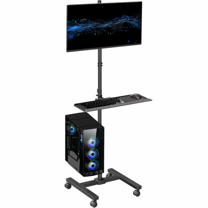 Mobile workstation cart with monitor mount, keyboard tray, PC holder, and locking wheels. Featuring 360 rotation and height adjustment.