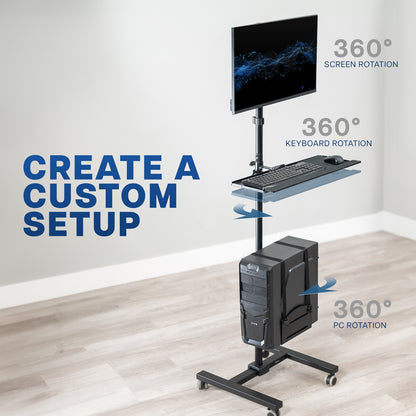 Mobile workstation cart with monitor mount, keyboard tray, PC holder, and locking wheels. Featuring 360 rotation and height adjustment.