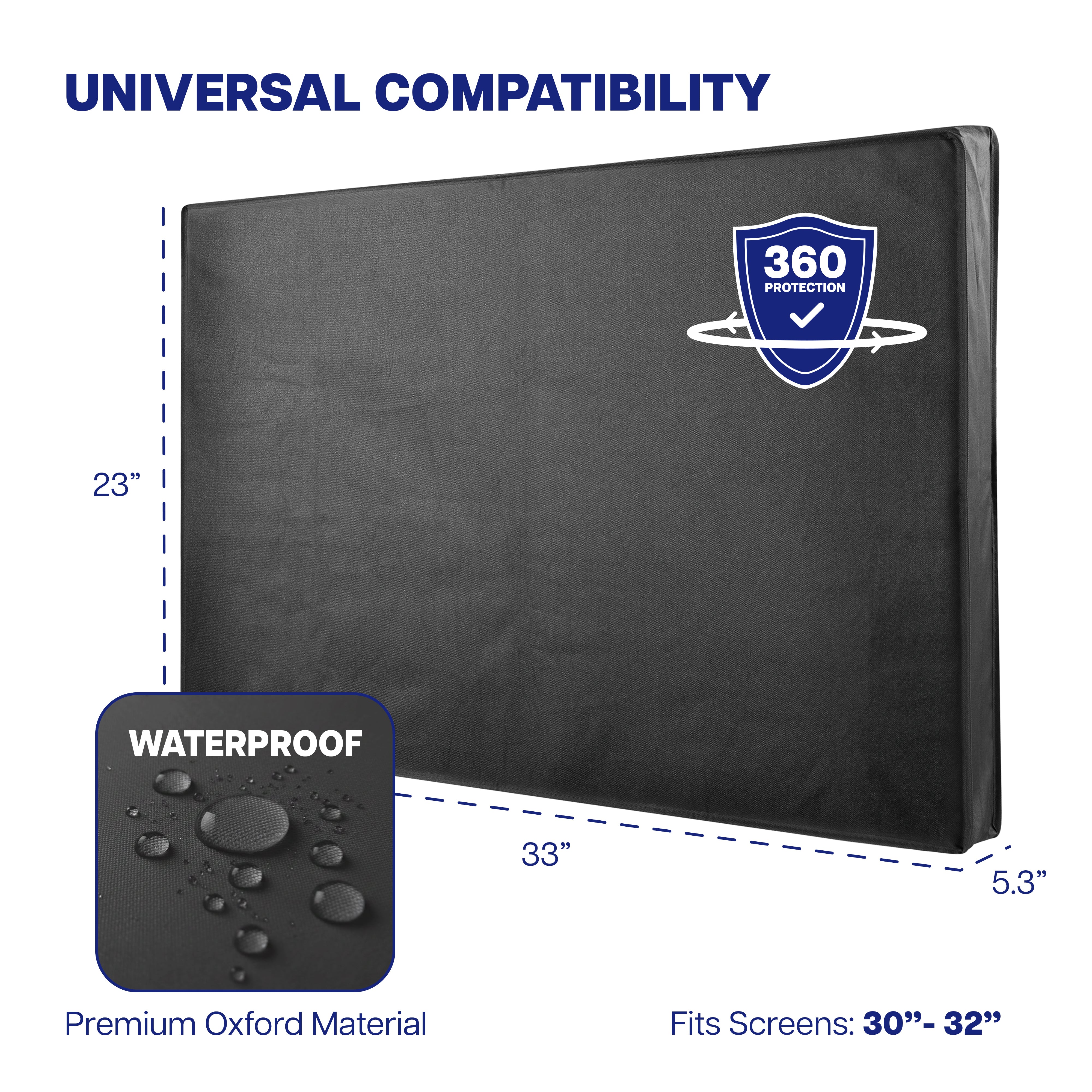 Black TV protector with measurements and compatibility details on a white background