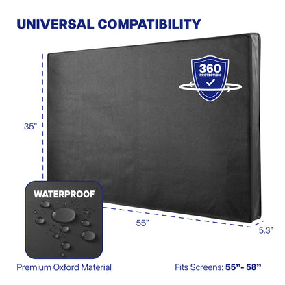 Black TV screen protector with measurements and compatibility details on a white background