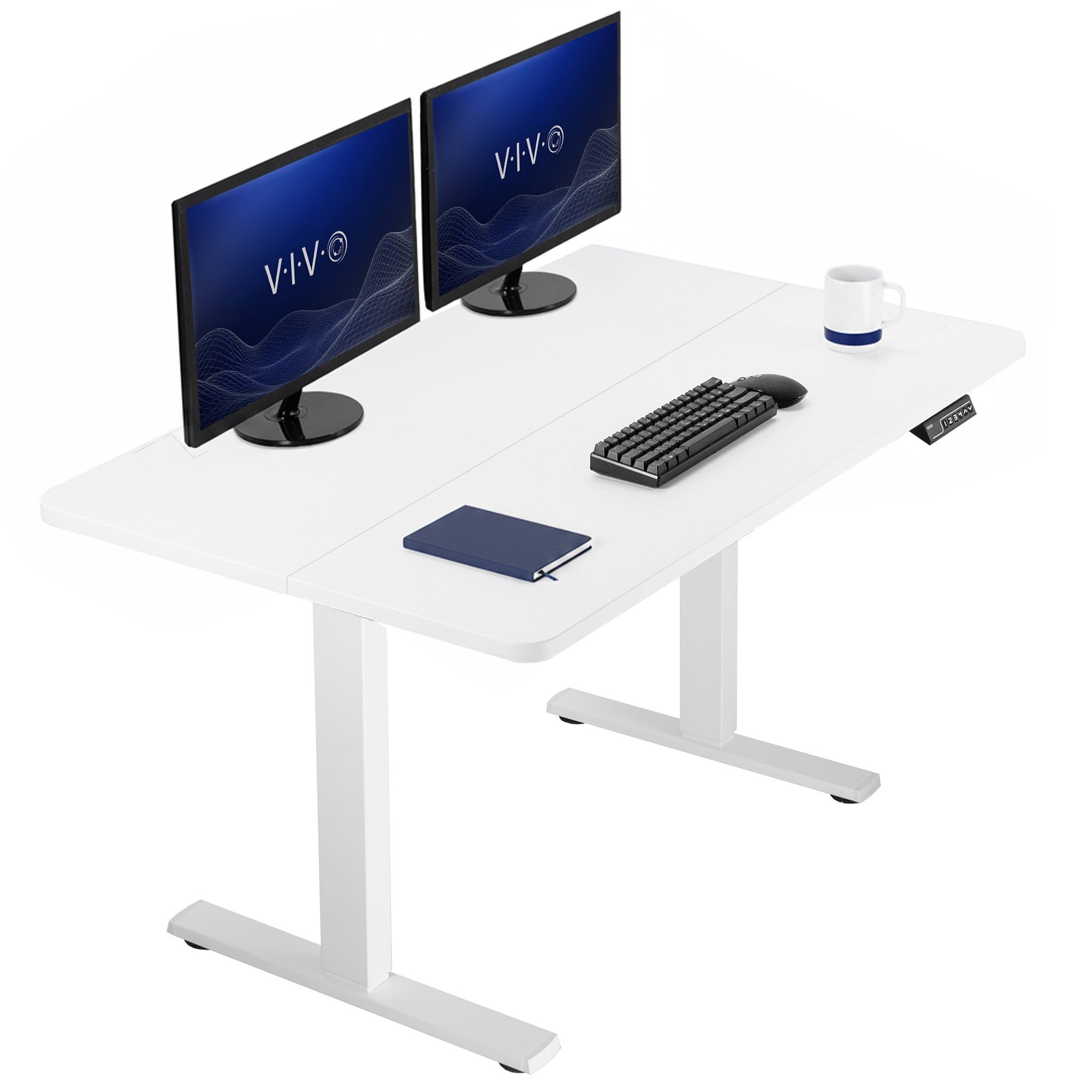 White desk top with white frame with two computer monitors, keyboard, and mouse on a white background