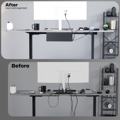 Extra deep under desk cable management tray for office storage. Low profile, sleek, and flexible with simple installation.