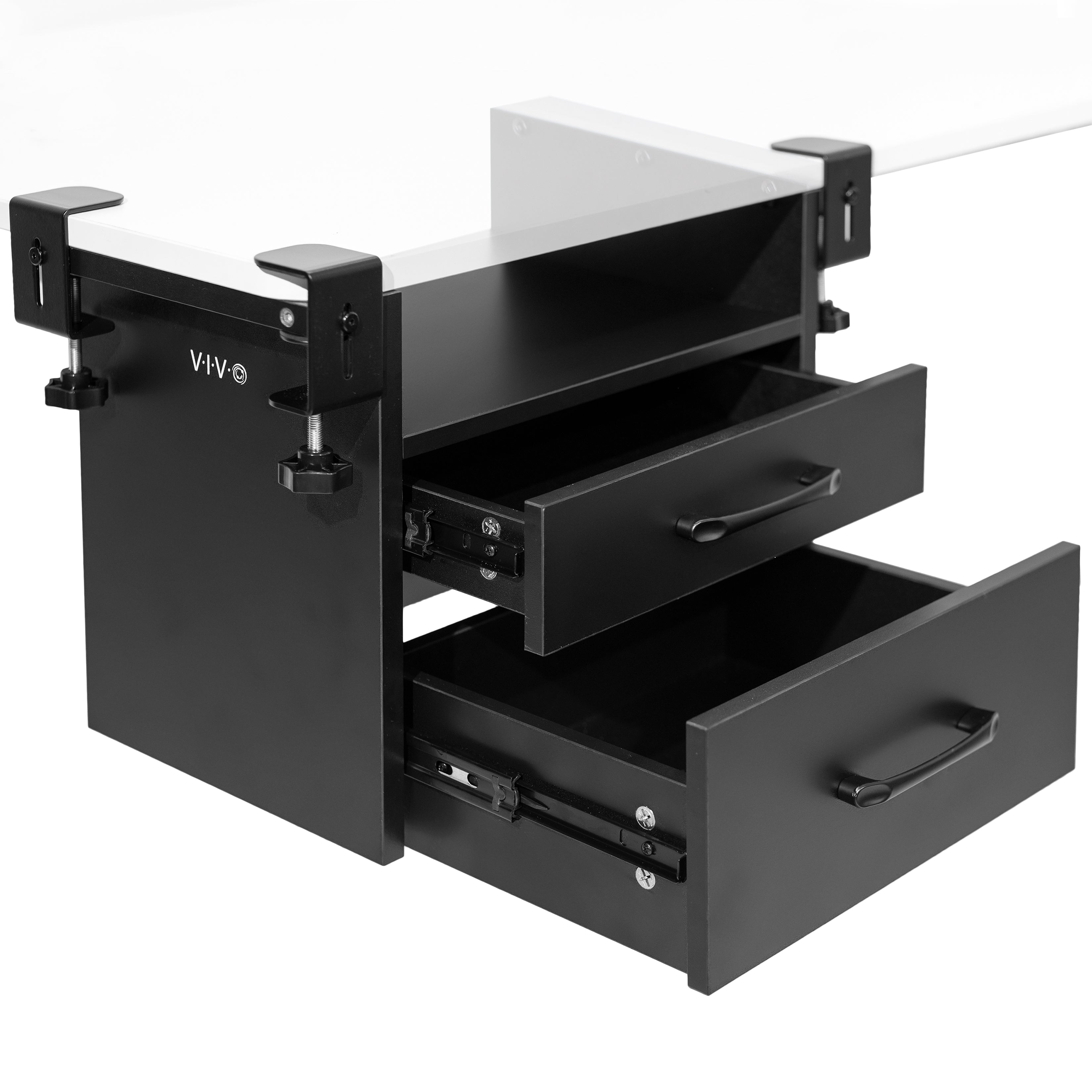Clamp-on corner desk storage system with two pull-out drawers and open top shelf surface.