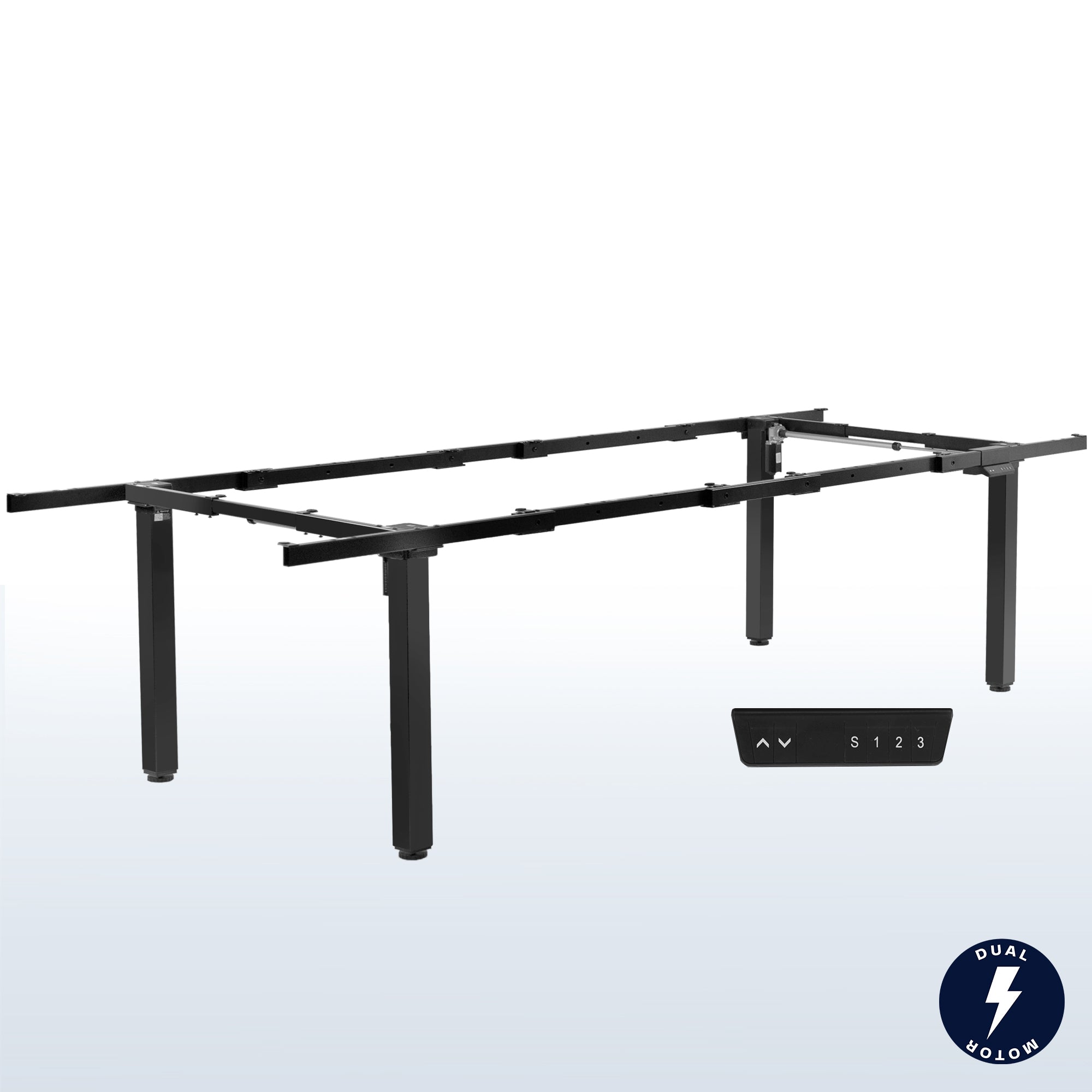 Electric four-legged dual motor desk frame. 