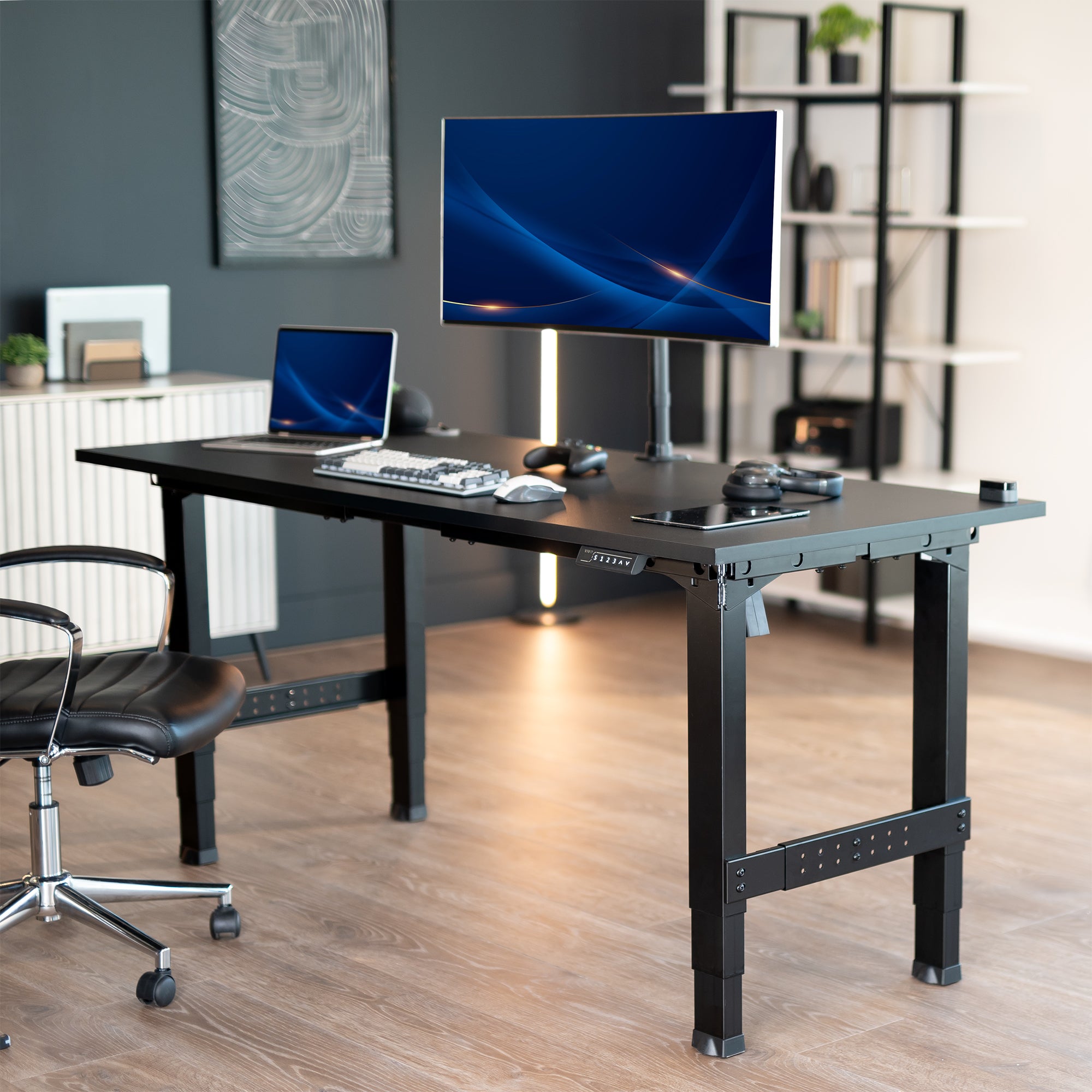 Black Premium Electric Dual-Motor Height Adjustable 4-Leg Desk Frame with desk top