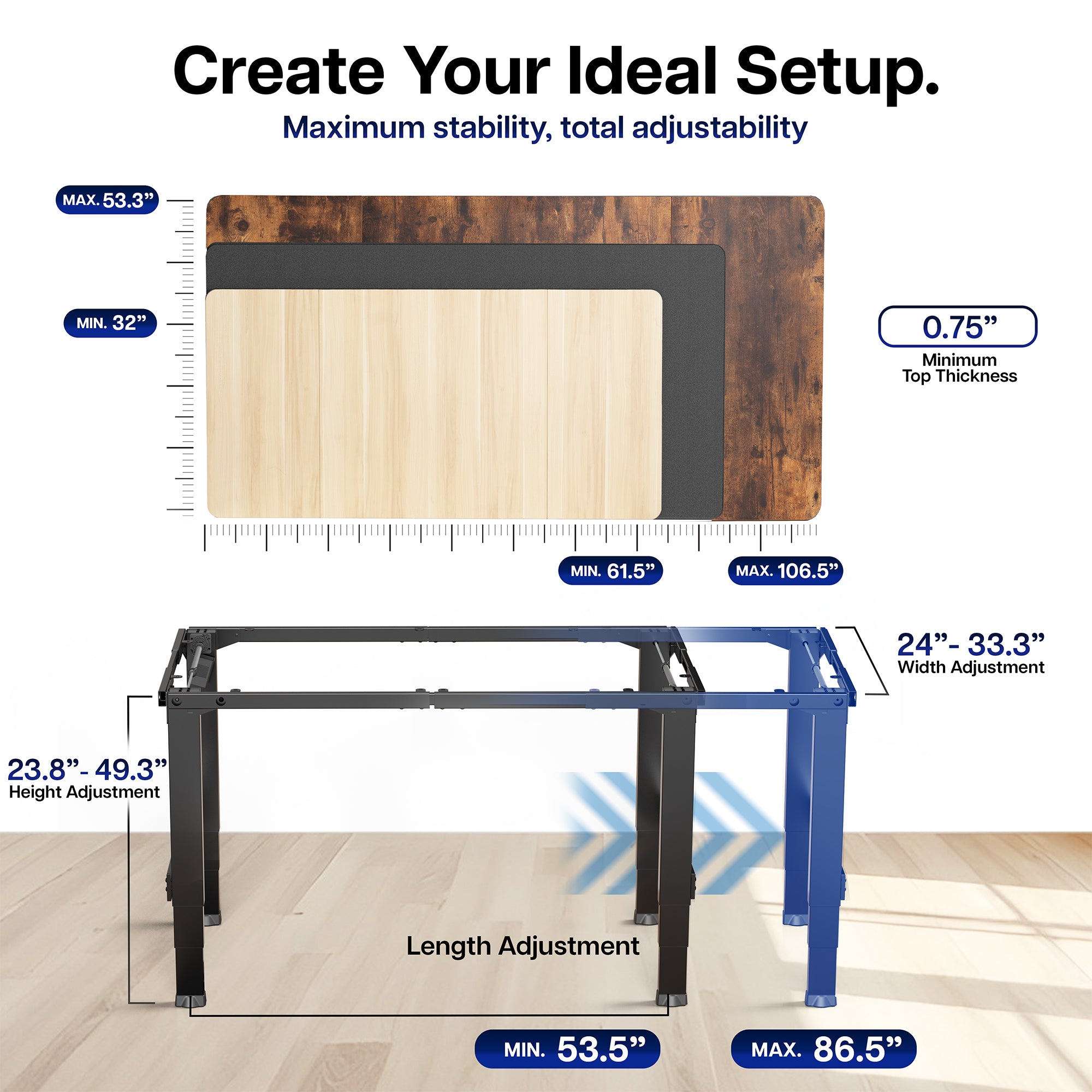 Black Premium Electric Dual-Motor Height Adjustable 4-Leg Desk Frame measurement adjustability