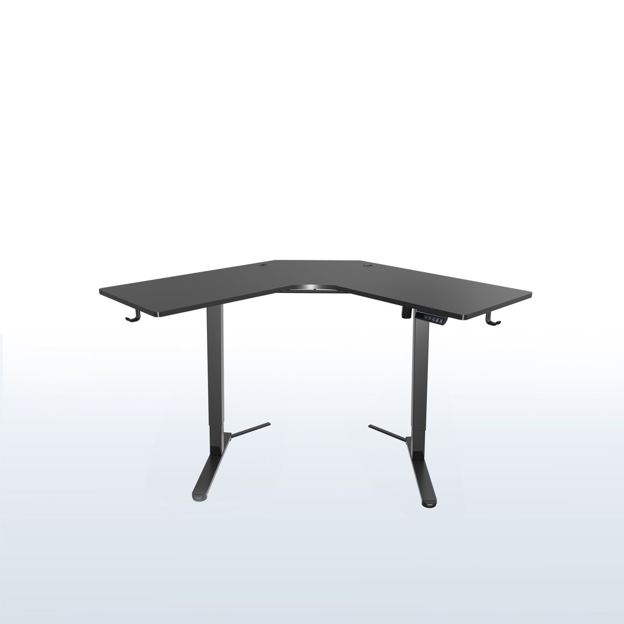 Heavy-duty electric height adjustable corner desk workstation for active sit or stand efficient workspace.