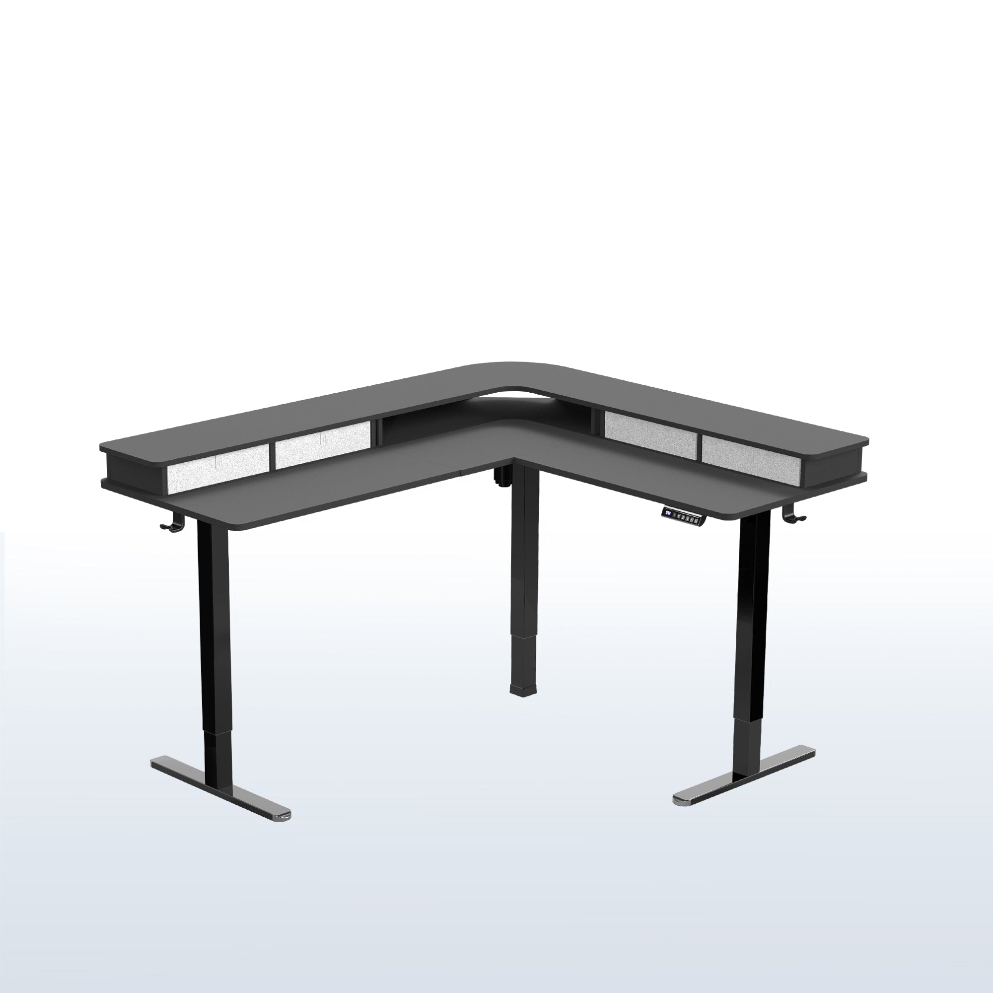 Dual-tier height adjustable electric corner desk with built-in shelving