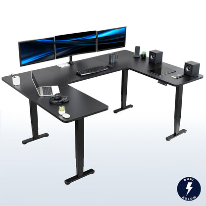 Heavy-duty spacious height adjustable U-shaped electric desk with programmable memory controller.