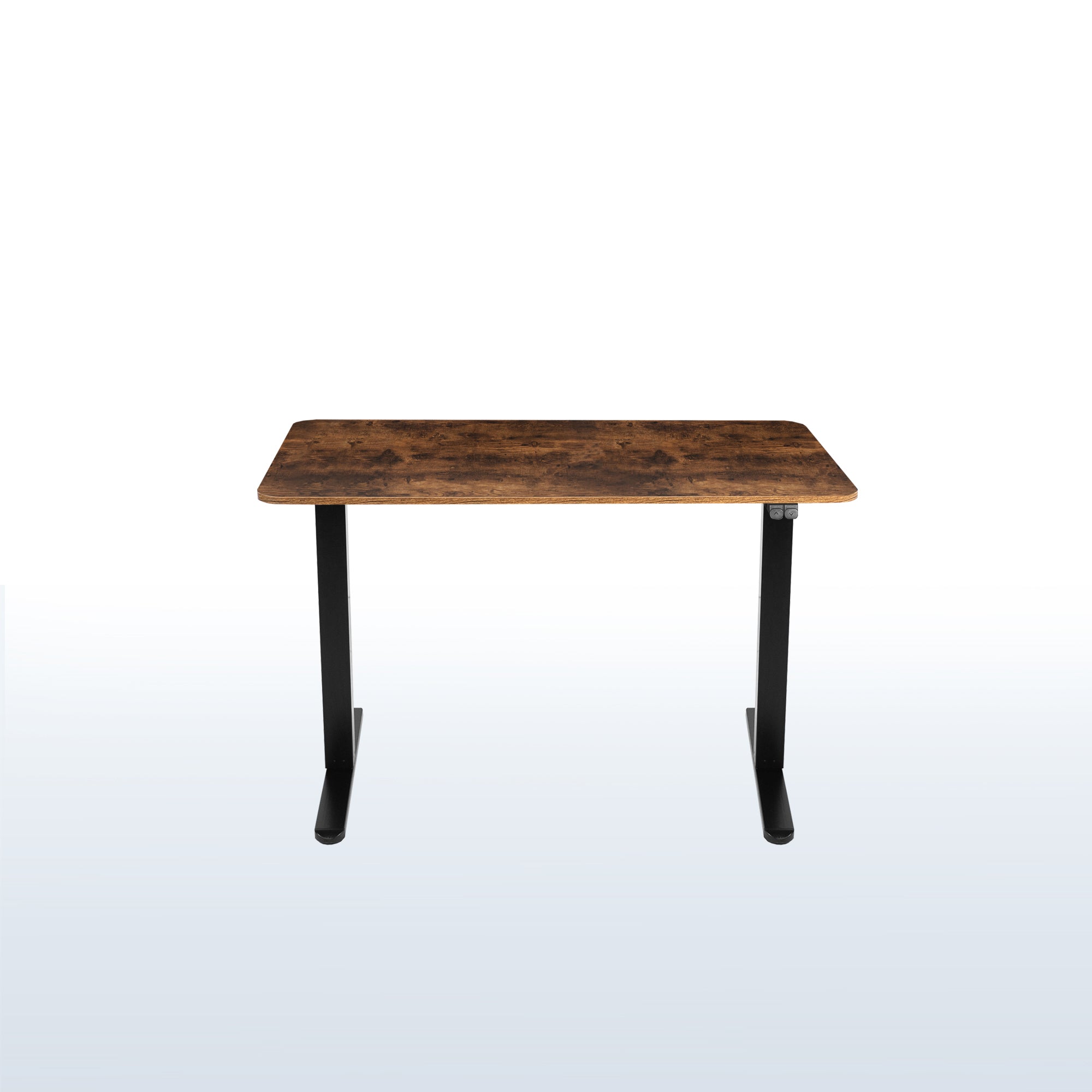 Heavy-duty rustic electric height adjustable desktop workstation for active sit or stand efficient workspace.