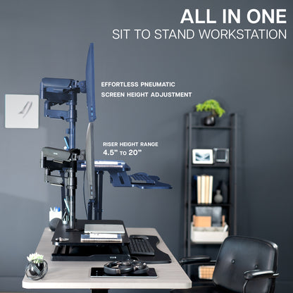 Height adjustable desk riser with articulating mechanical dual monitor mount.