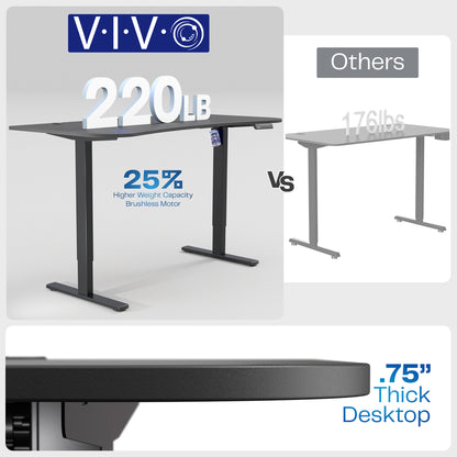 VIVO desk with weight capacity and thickness details on a white background