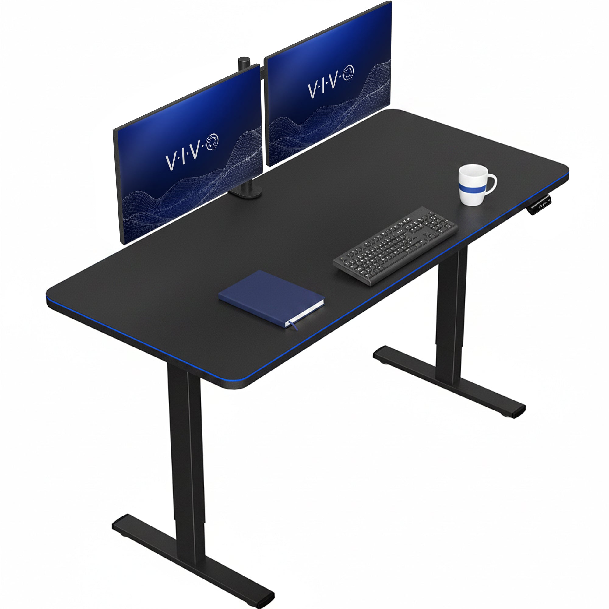 Sturdy ergonomic sit or stand active desk workstation with adjustable height using smart control panel.