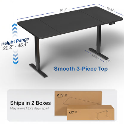 Black adjustable height desk with dimensions and packaging information on a white background