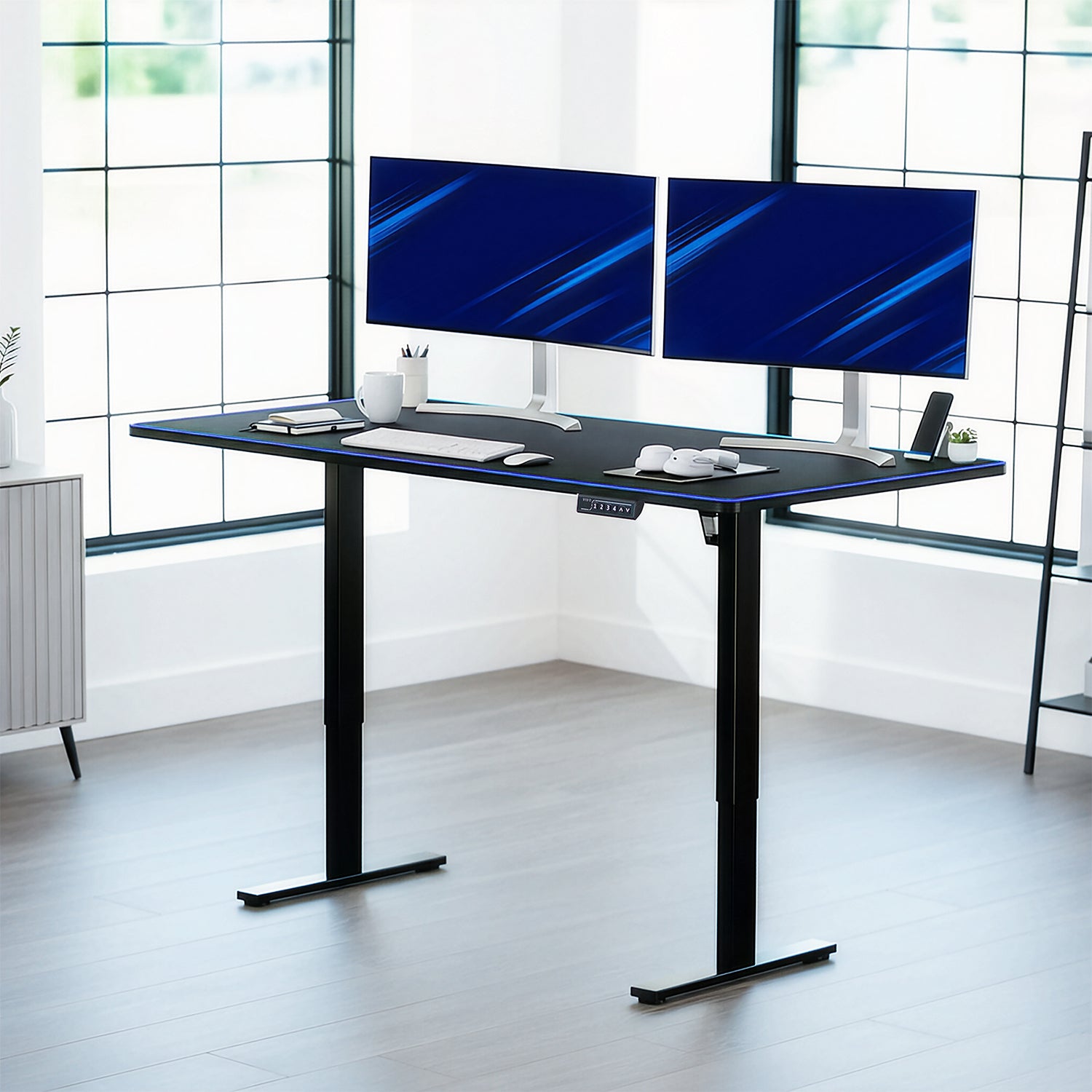 Large sturdy sit or stand modern desk with electric height adjustment options.