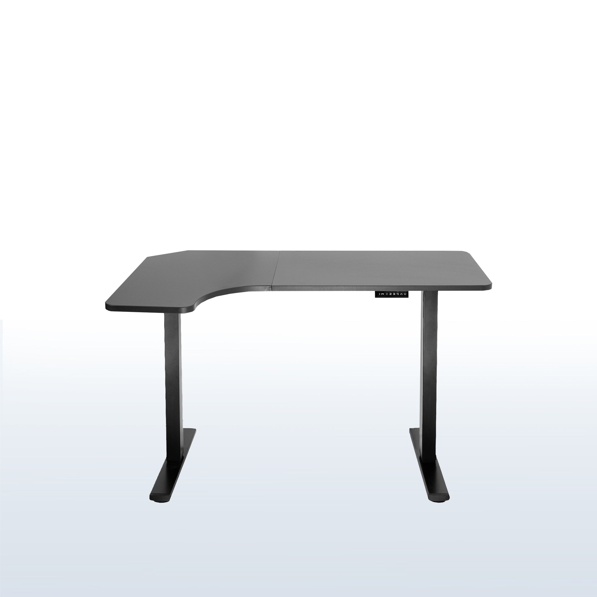 Slight side curved electric desk with room for office equipment.