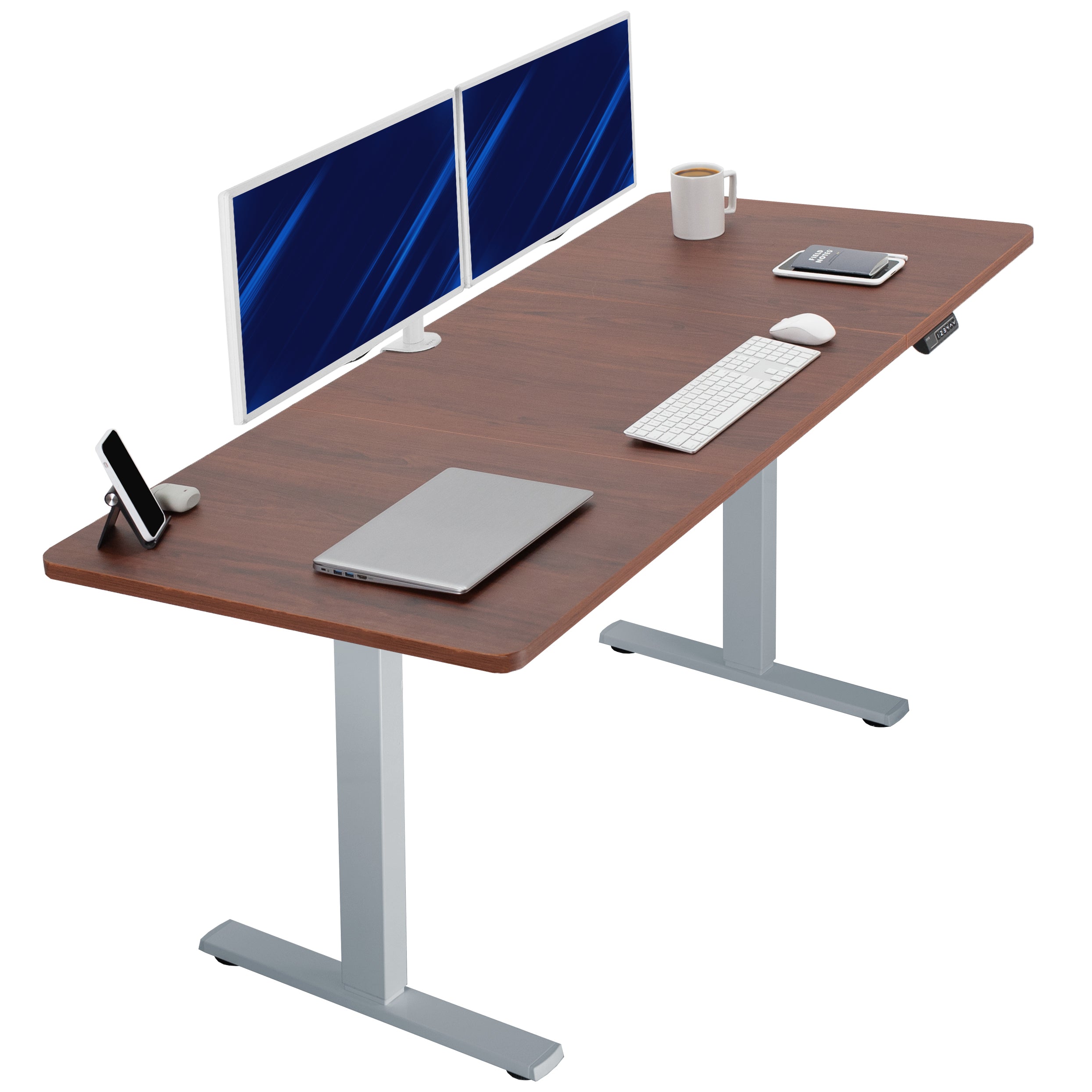 Large sturdy sit or stand modern desk with electric height adjustment options.