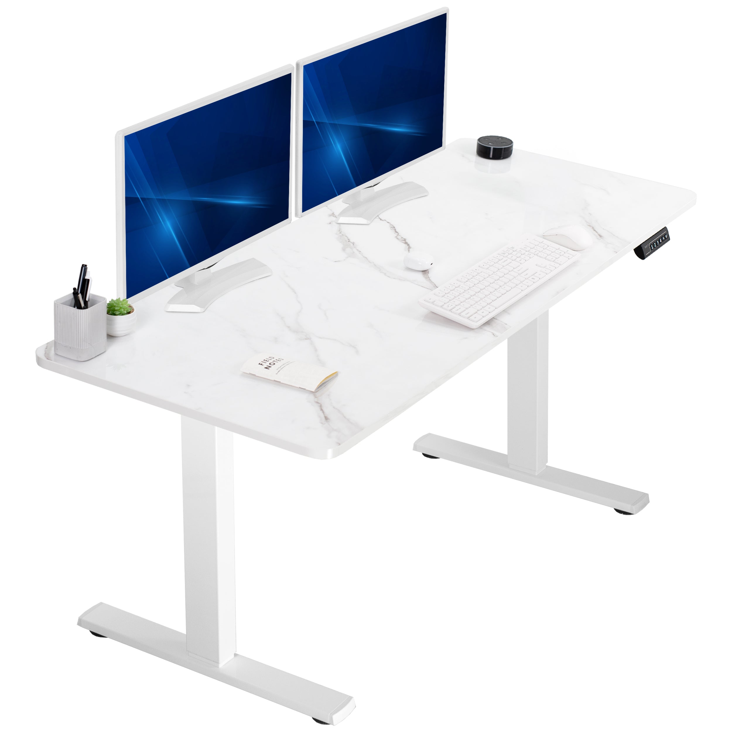 Sturdy ergonomic sit or stand active desk workstation with adjustable height using smart control panel.