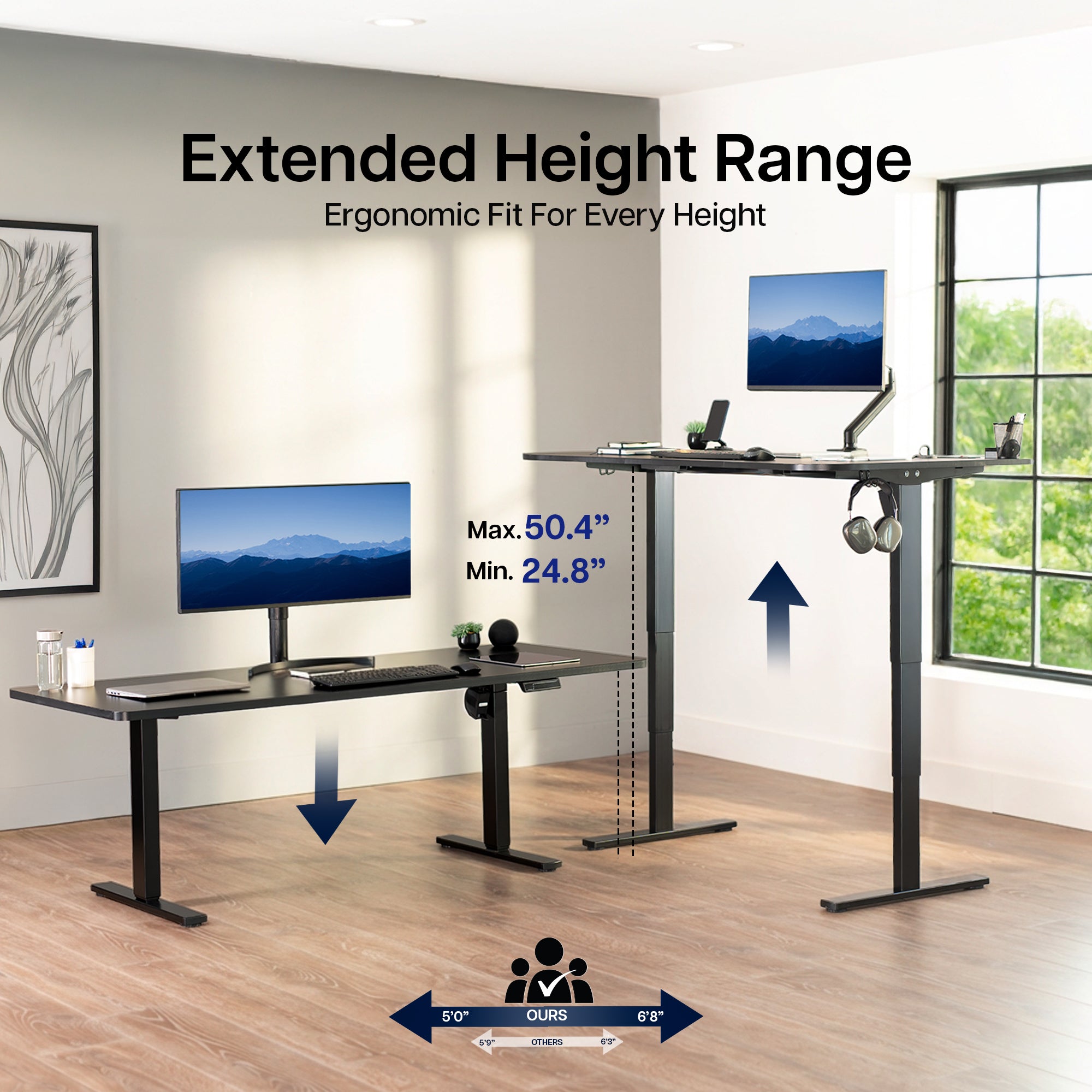 Heavy-duty electric height adjustable desktop workstation for active sit or stand efficient workspace.