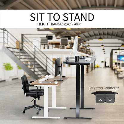 Height-adjustable desk with office setting in the background