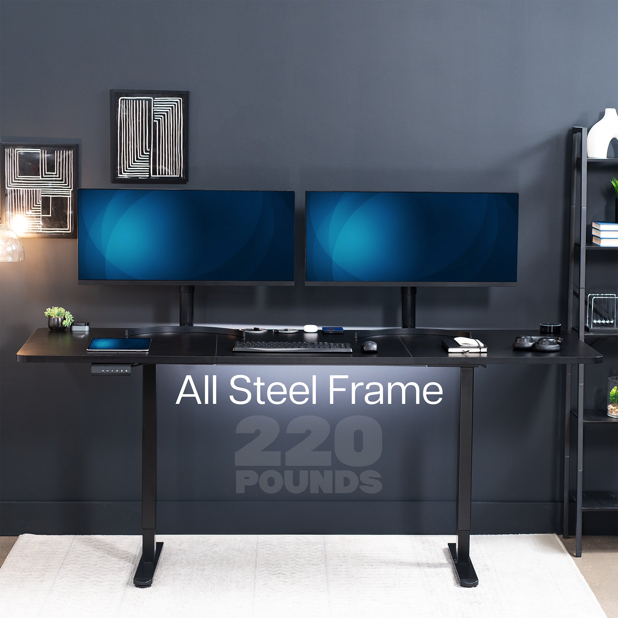 83 x 30 inch dual motor electric desk featuring smart controller height adjustment with memory settings