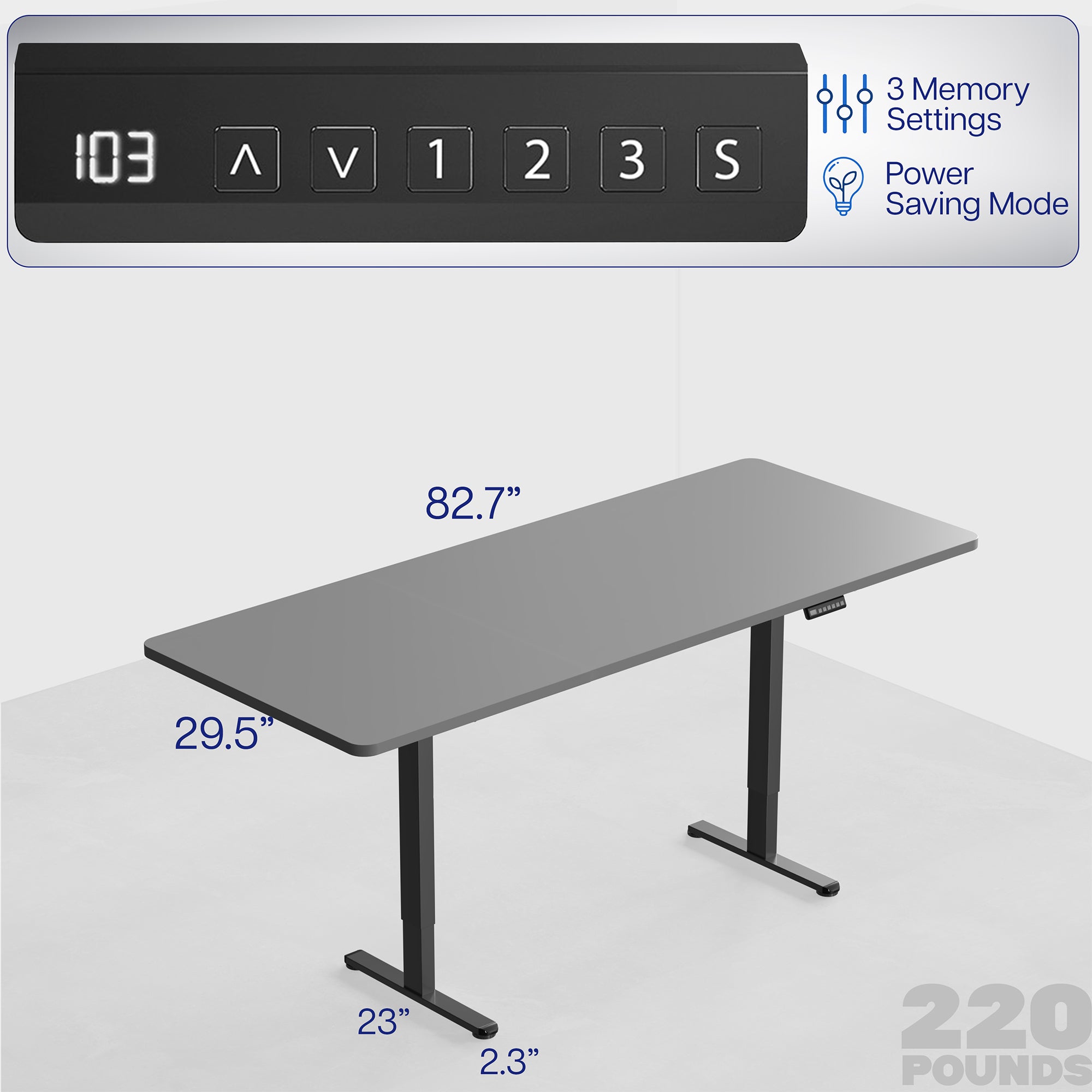 83 x 30 inch dual motor electric desk featuring smart controller height adjustment with memory settings