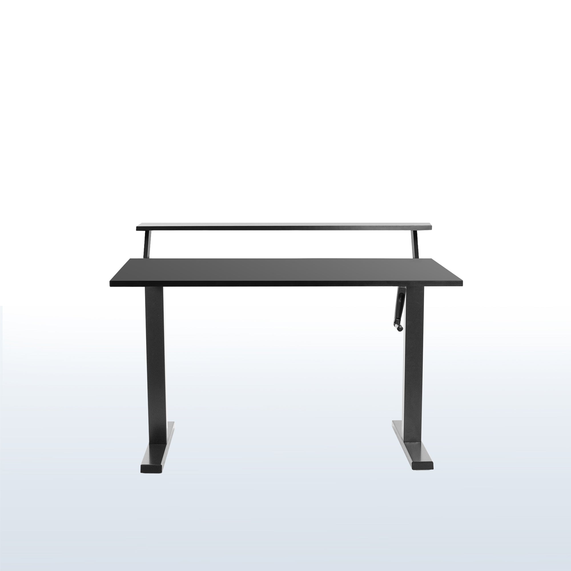 Innovative 2-tier split top design of a modern black height adjustable desk.