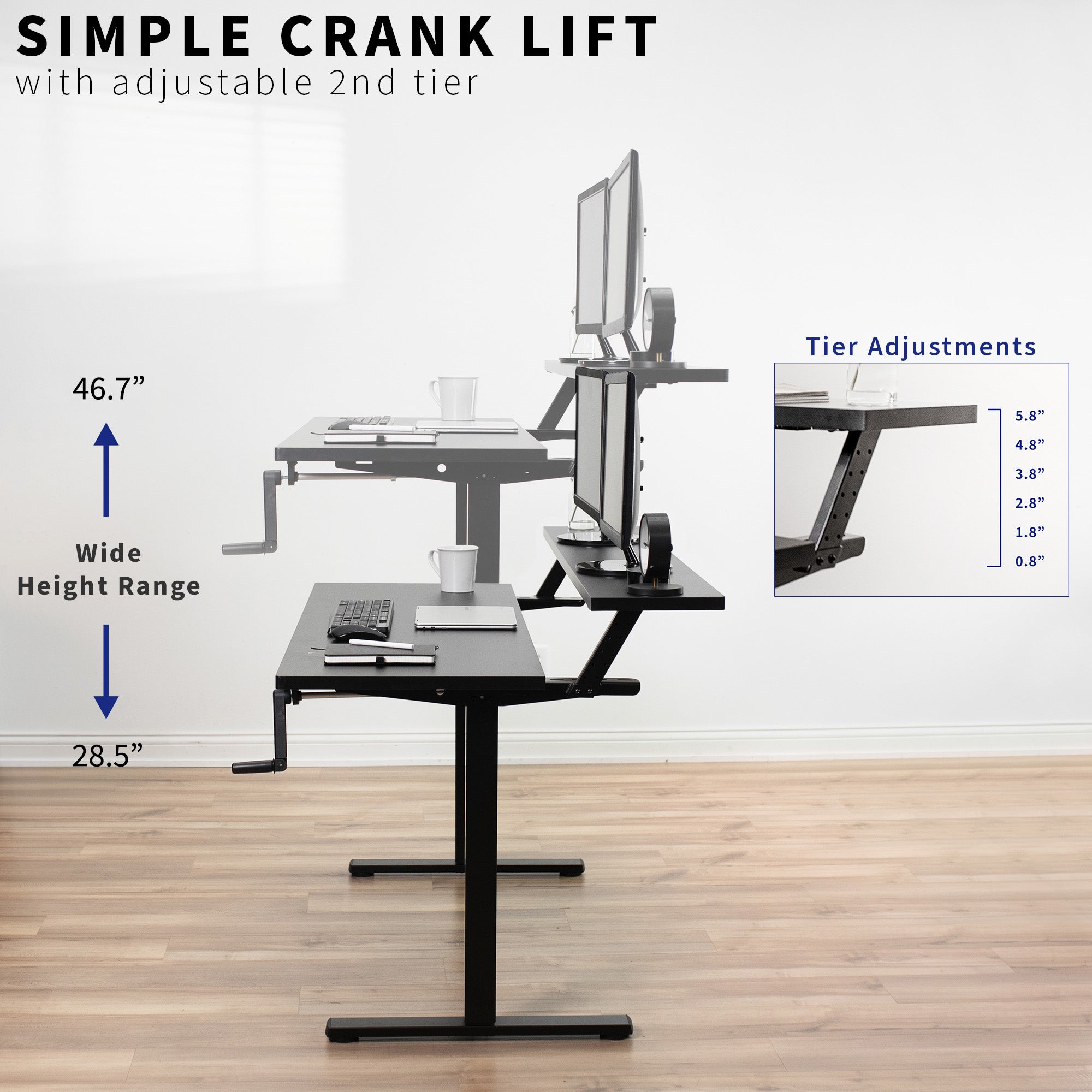 Easy hand crank height adjustment to transition from sitting to standing without utilizing electricity.