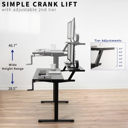 Easy hand crank height adjustment to transition from sitting to standing without utilizing electricity.
