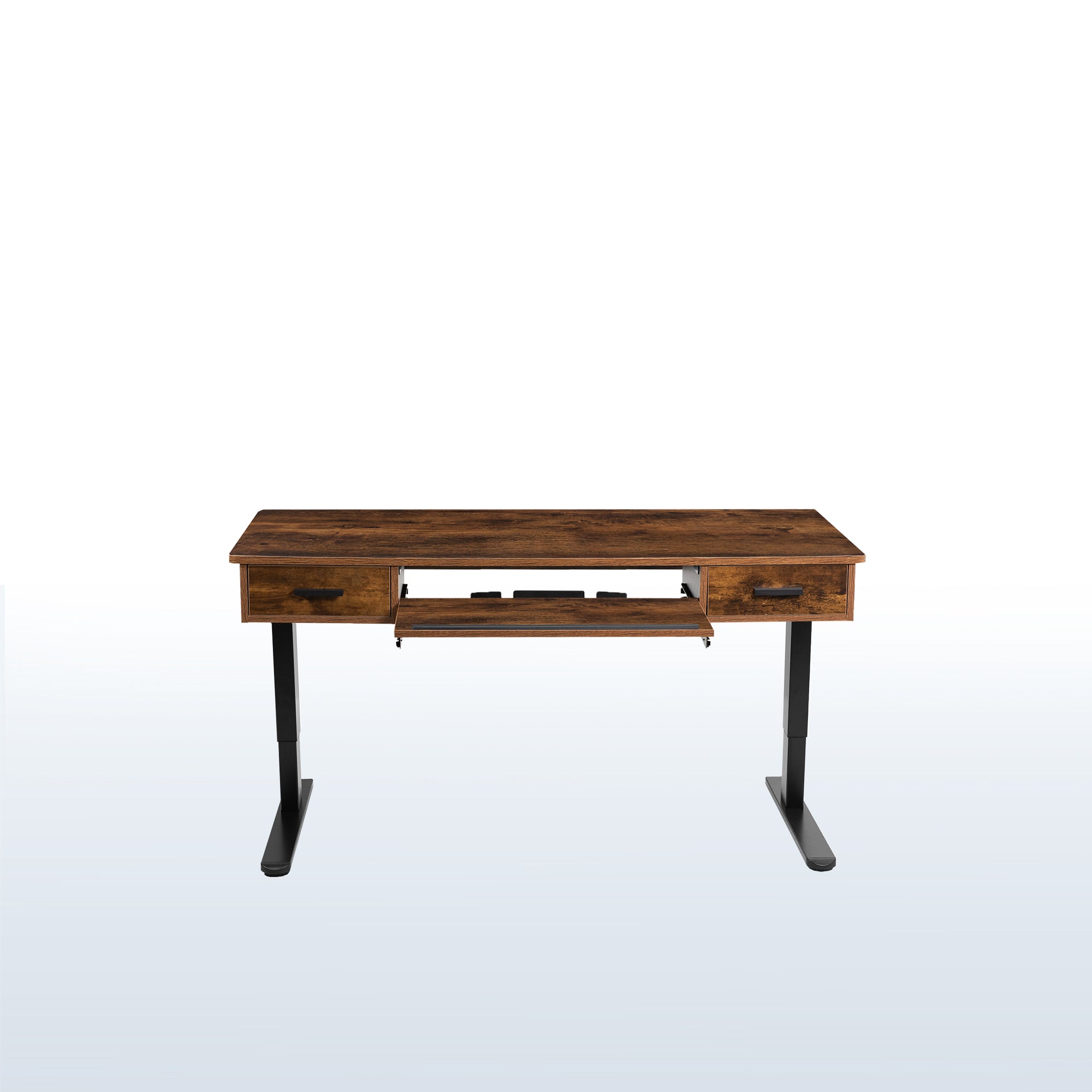 Electric Height Adjustable 55 x 24 inch Stand Up Desk, Complete Active Standing Workstation with Rustic Vintage Brown Table Top, Rear-set Legs, Storage Drawers, Pull Out Keyboard Tray
